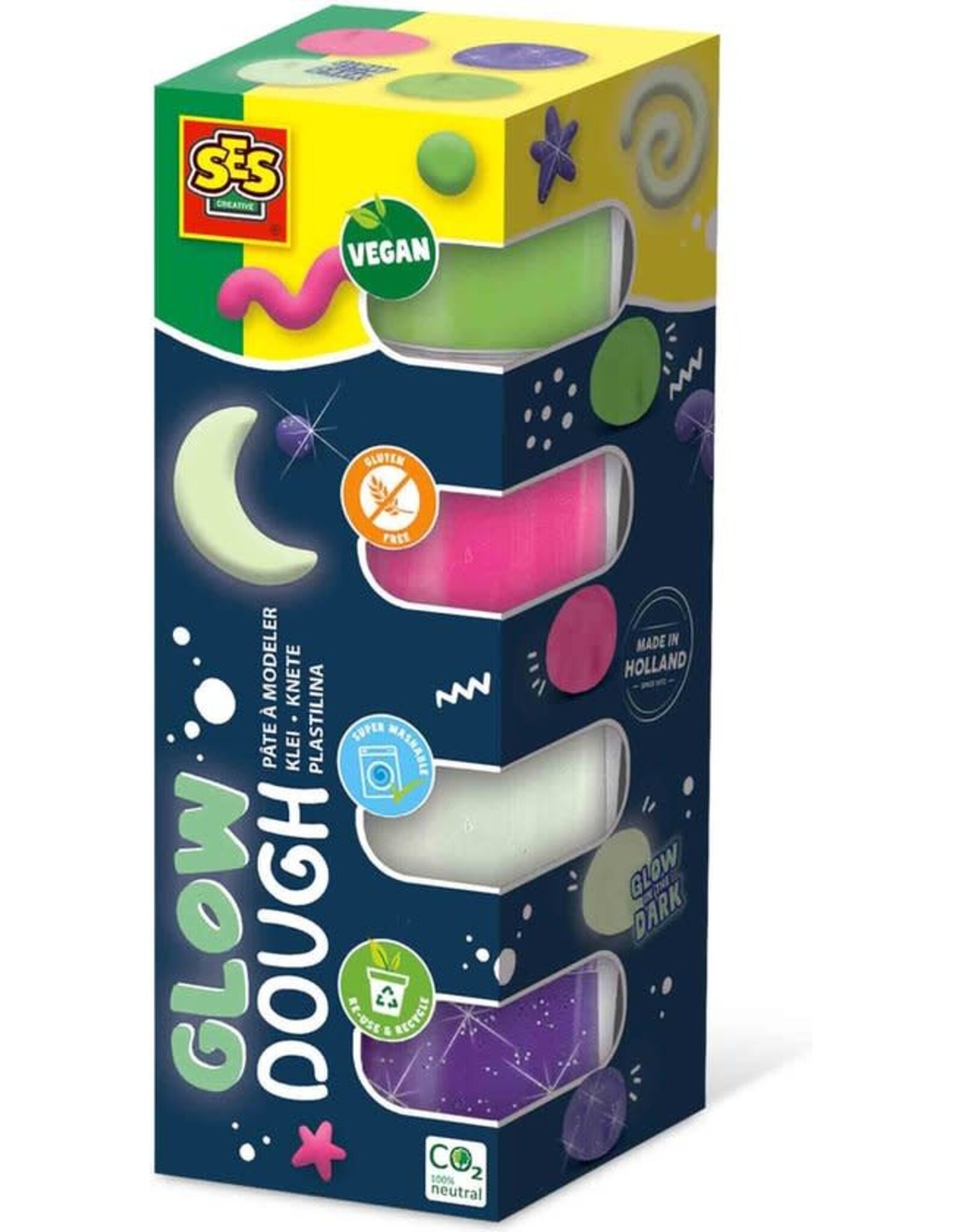 Ses SES - Feel good klei - Glow (4x90gr) - vegan en glutenvrij - herbruikbare potjes - uitwasbaar - glow in the dark, neon en glitter klei