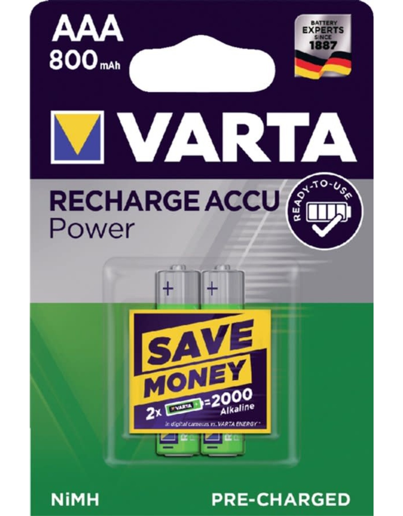 VARTA Batterij Oplaadbare AAA batterijen  (potlood) Varta Ready2Use HR03 NiMH 800 mAh 1.2 V 2 stuk(s)