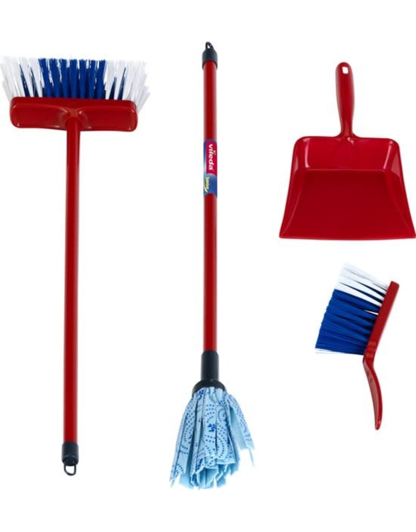 Klein Klein Toys Vileda 4-delige speelgoedschoonmaakset - vloerwisser, bezem, stoffer en blik - hoogwaardig kunststof - rood blauw