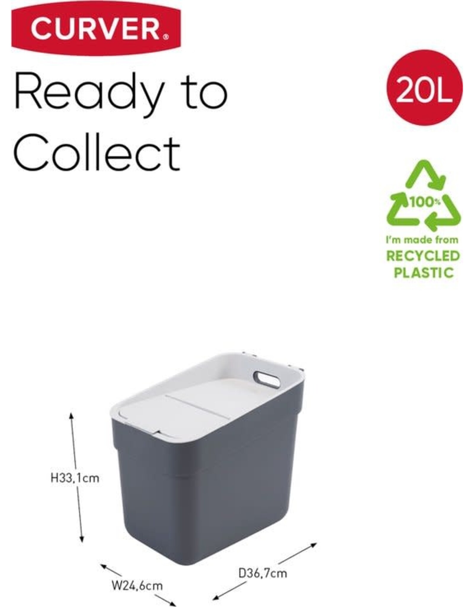 CURVER Curver Ready to Collect Prullenbak - 20 liter - Donkergrijs/Lichtgrijs