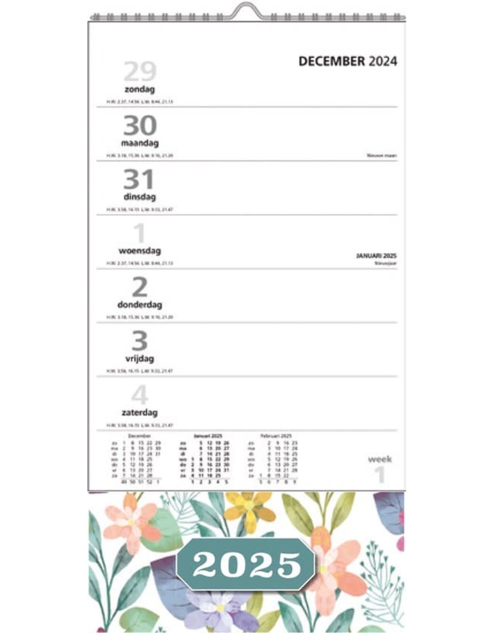 MGP MGPcards - XL Minikalender 2025 - Week begint op zondag - 16 x 30 cm - Bloemen - Pastel