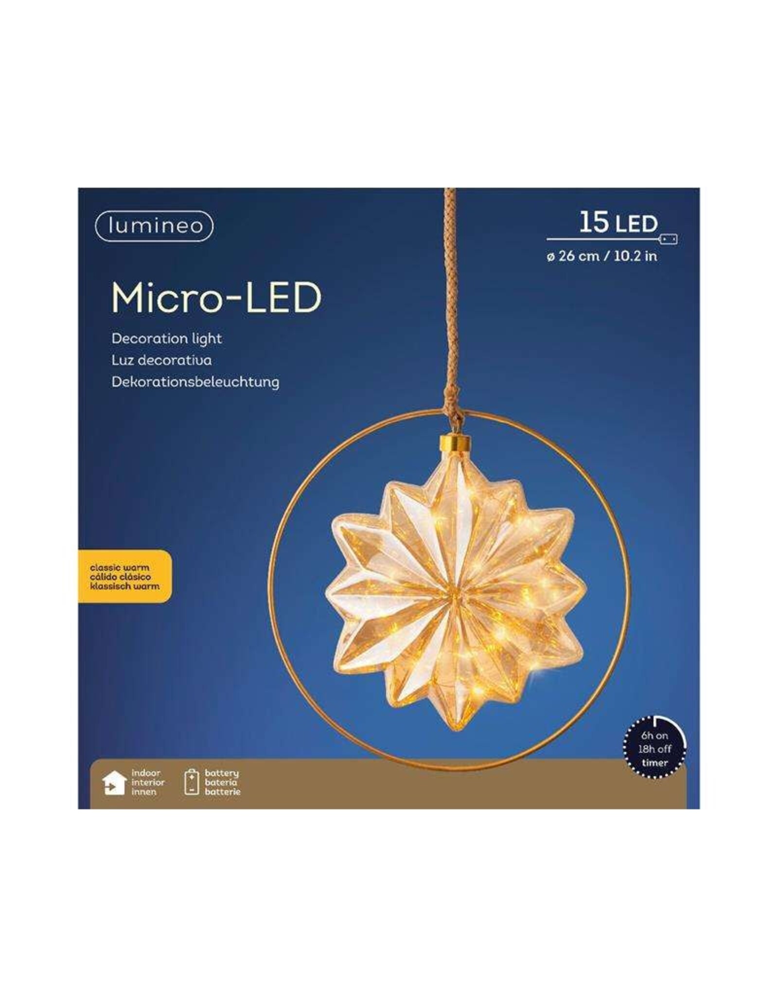 lumineo Lumineo LED Ster glas met 15 micro LED lampen in een metalen ring- Ø 26cm werkt op batterij met timer