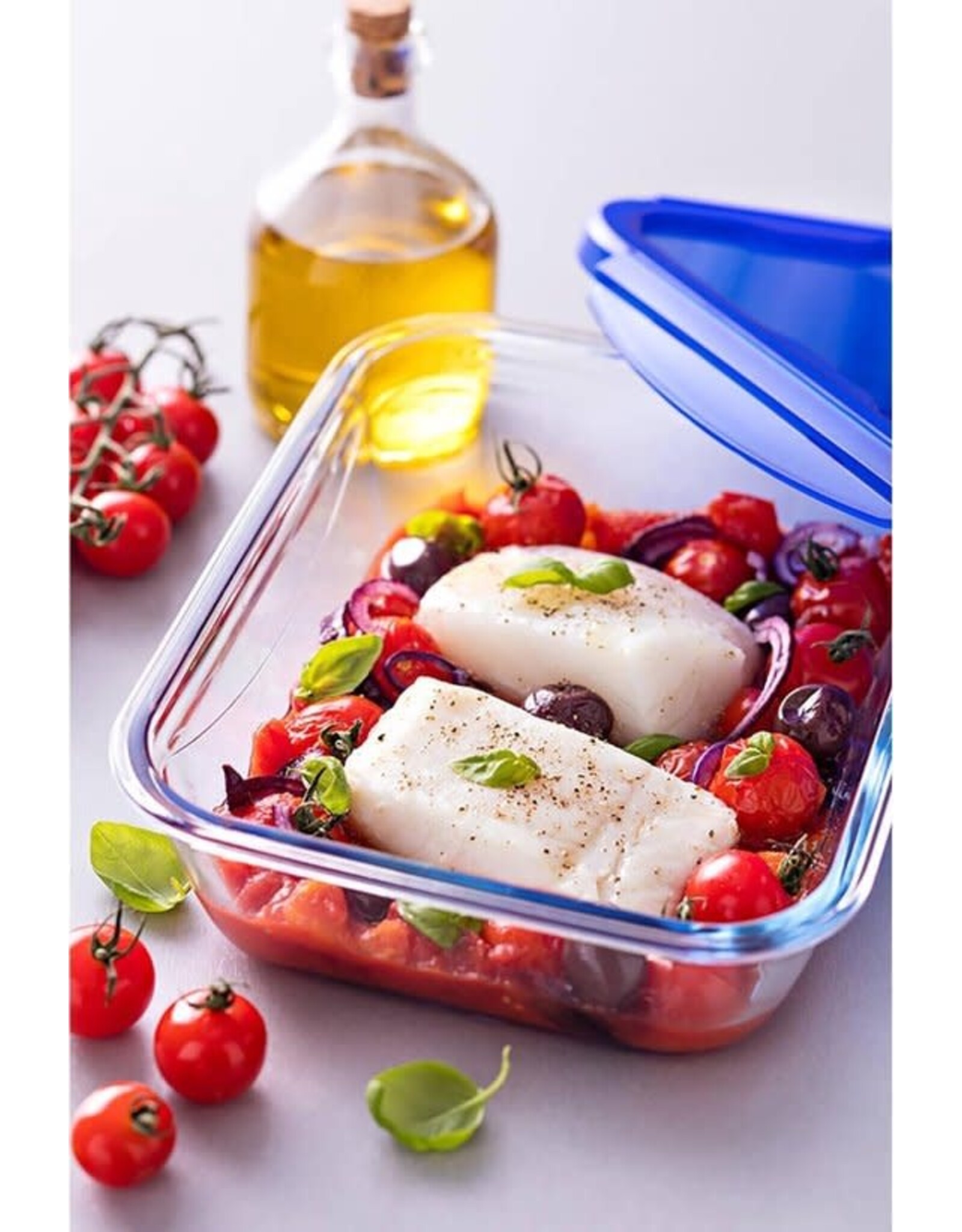PYREX Pyrex - Cook & Go Schaal Rechthoek met Deksel 2-Delig - Transparant - Blauw - Borosilicaatglas - Polypropyleen - Siliconand