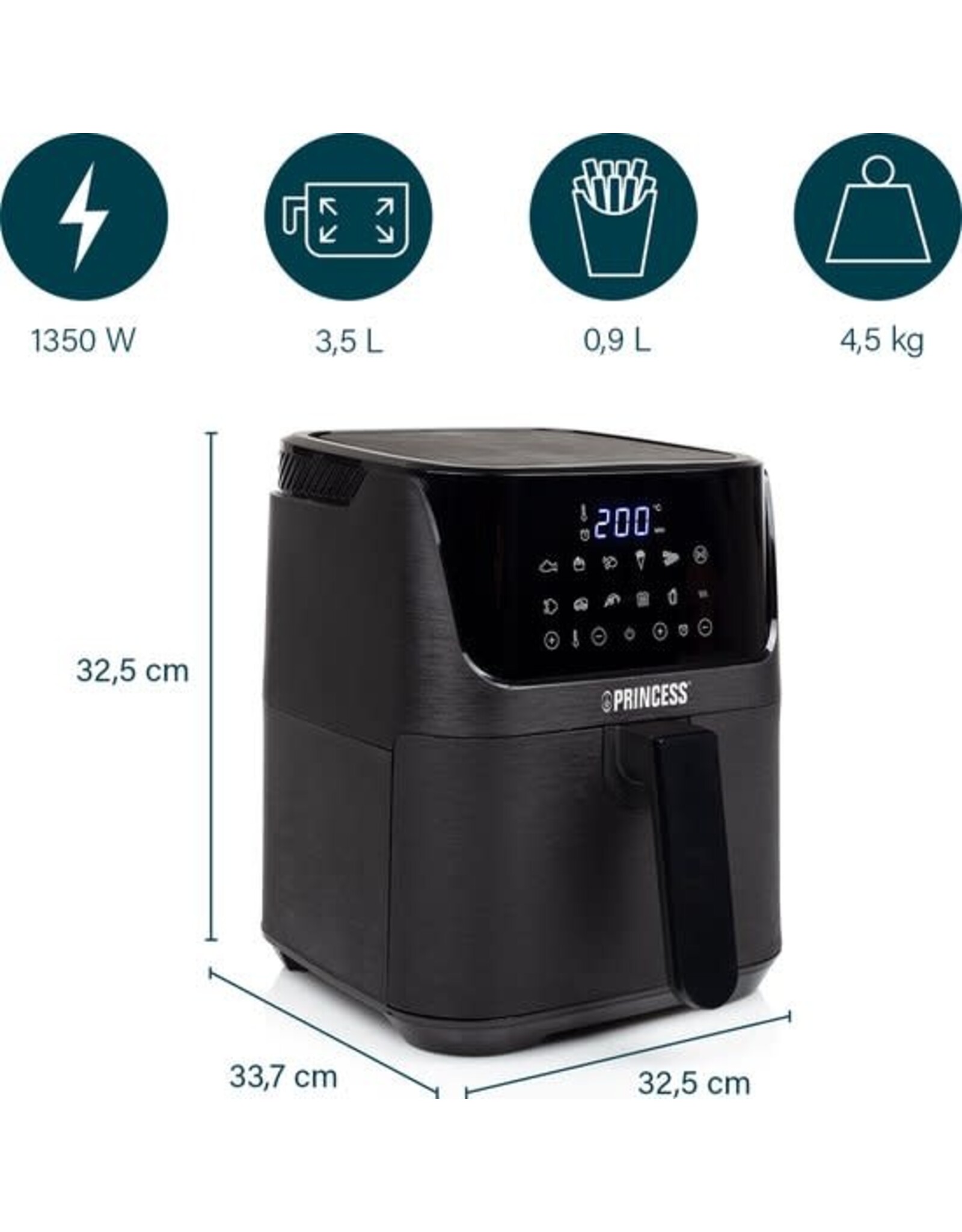 PRINCESS Princess Airfryer 182031 - Heteluchtfriteuse - Digital Aerofryer - 3,5 L - Digital Touch Screen - 10 Automatische programma's - Inclusief receptenboek
