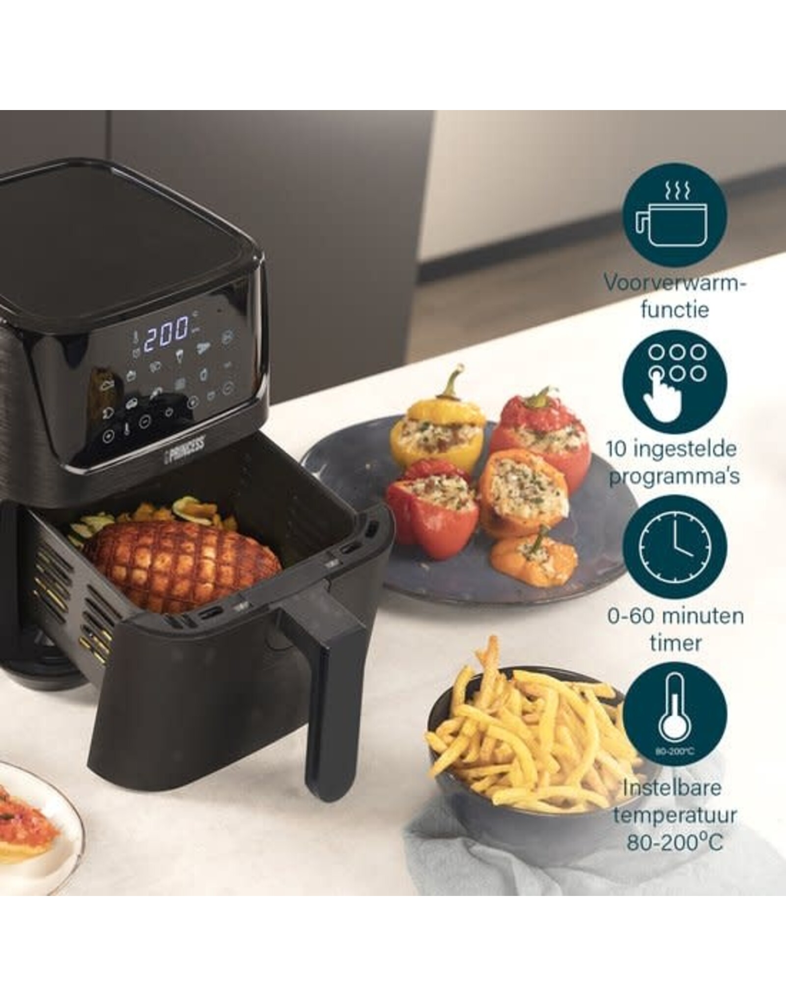PRINCESS Princess Airfryer 182031 - Heteluchtfriteuse - Digital Aerofryer - 3,5 L - Digital Touch Screen - 10 Automatische programma's - Inclusief receptenboek