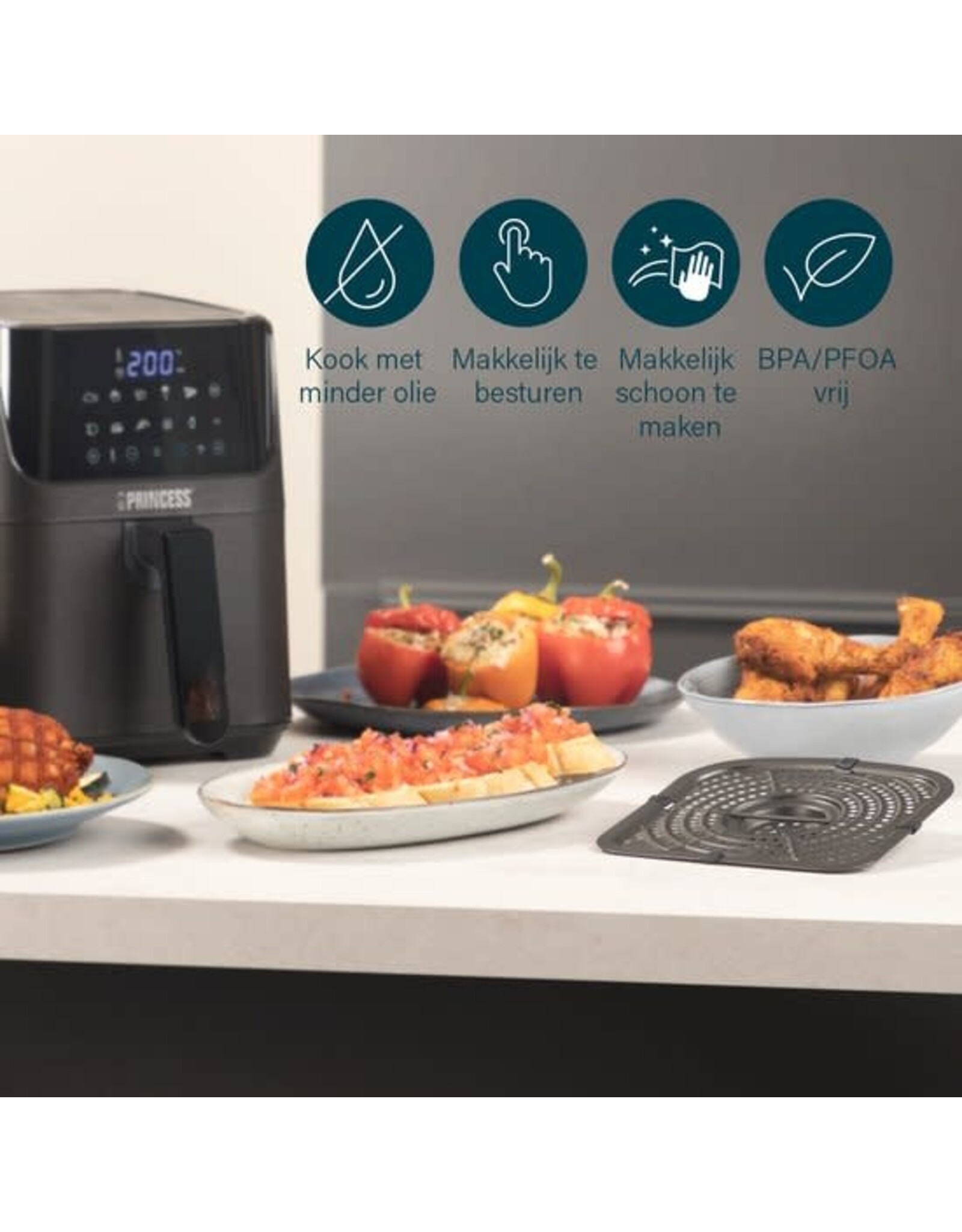 PRINCESS Princess Airfryer 182031 - Heteluchtfriteuse - Digital Aerofryer - 3,5 L - Digital Touch Screen - 10 Automatische programma's - Inclusief receptenboek