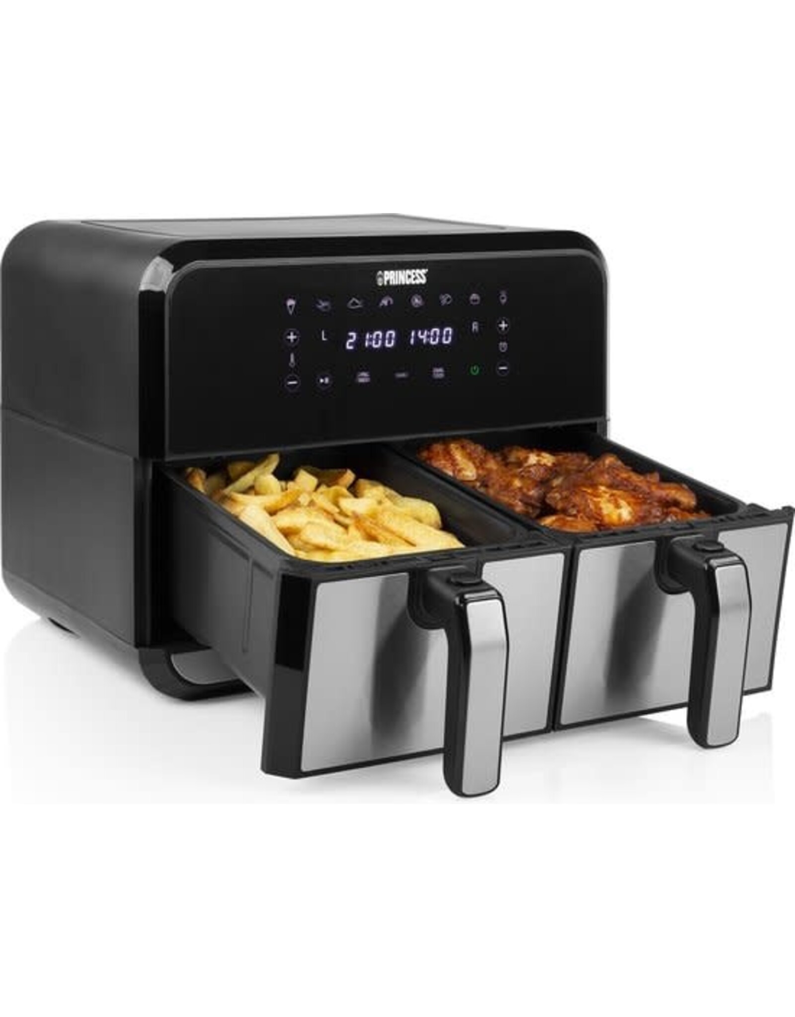PRINCESS Princess Double Basket Airfryer 182074 - Dubbele Airfryer - 9 liter - 2 manden - XL - 8 programma's- 2400W - Dubbele heteluchtfriteuse - PFAS vrij - Touchscreen - RVS/Zwart - Sync functie