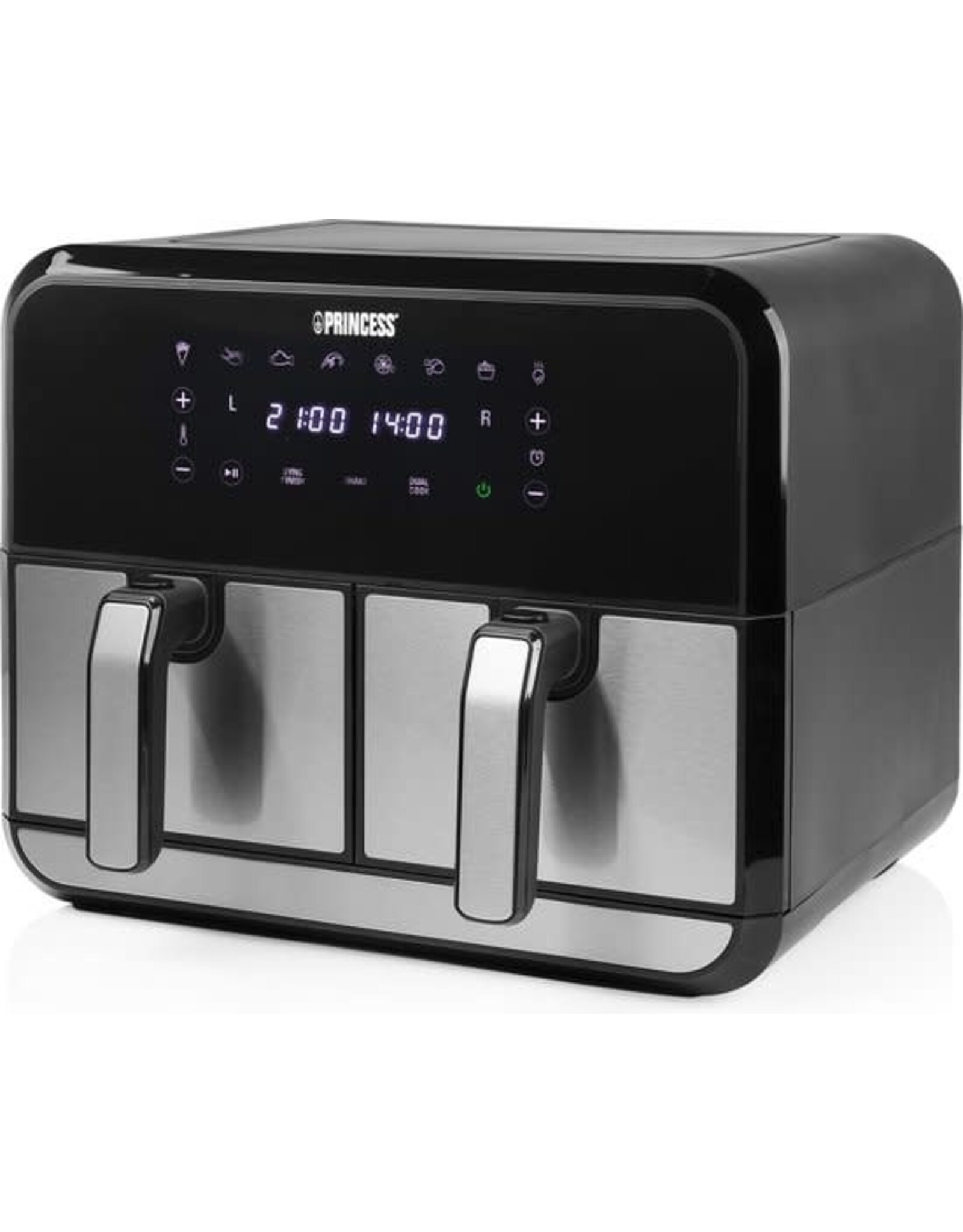 PRINCESS Princess Double Basket Airfryer 182074 - Dubbele Airfryer - 9 liter - 2 manden - XL - 8 programma's- 2400W - Dubbele heteluchtfriteuse - PFAS vrij - Touchscreen - RVS/Zwart - Sync functie
