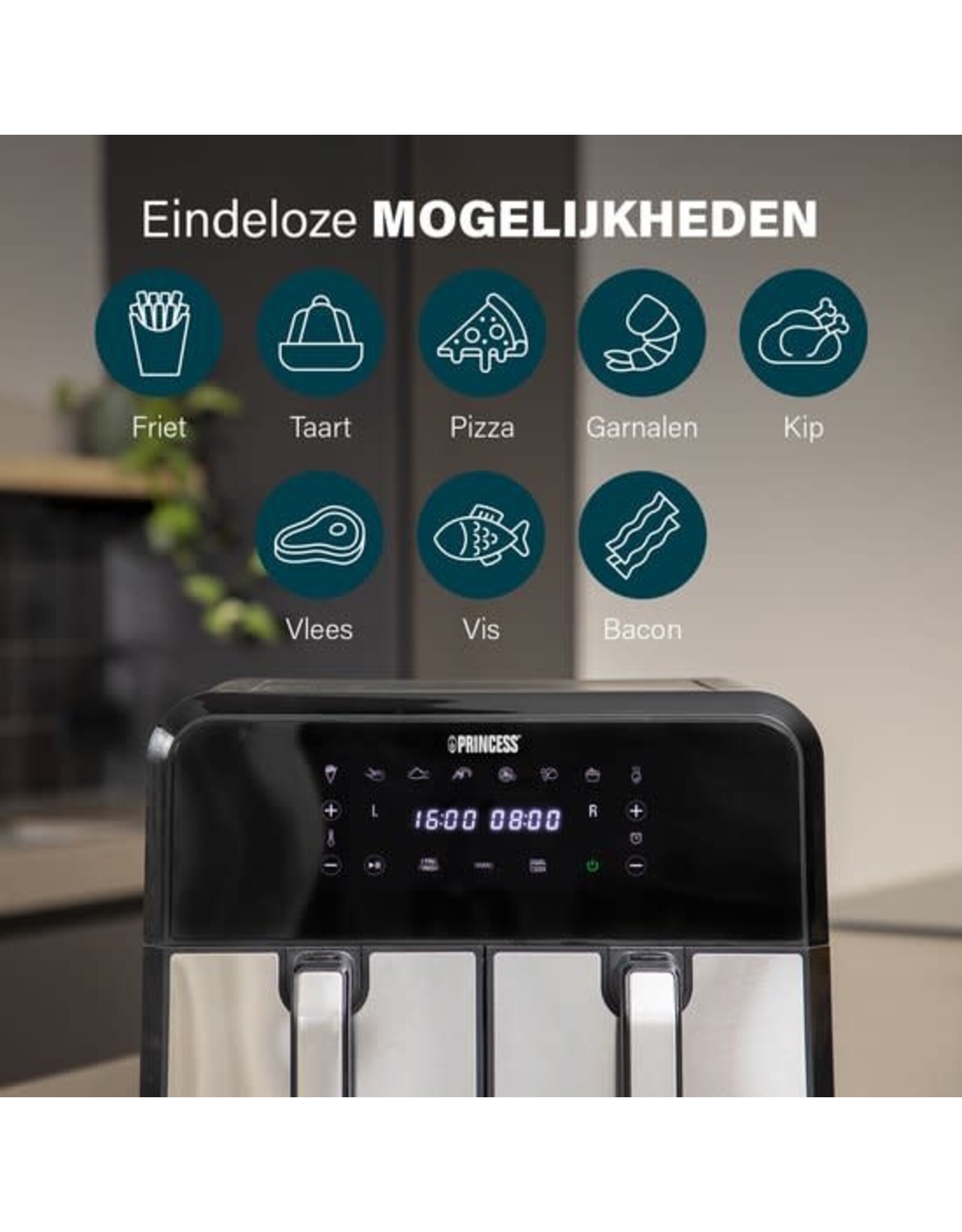 PRINCESS Princess Double Basket Airfryer 182074 - Dubbele Airfryer - 9 liter - 2 manden - XL - 8 programma's- 2400W - Dubbele heteluchtfriteuse - PFAS vrij - Touchscreen - RVS/Zwart - Sync functie