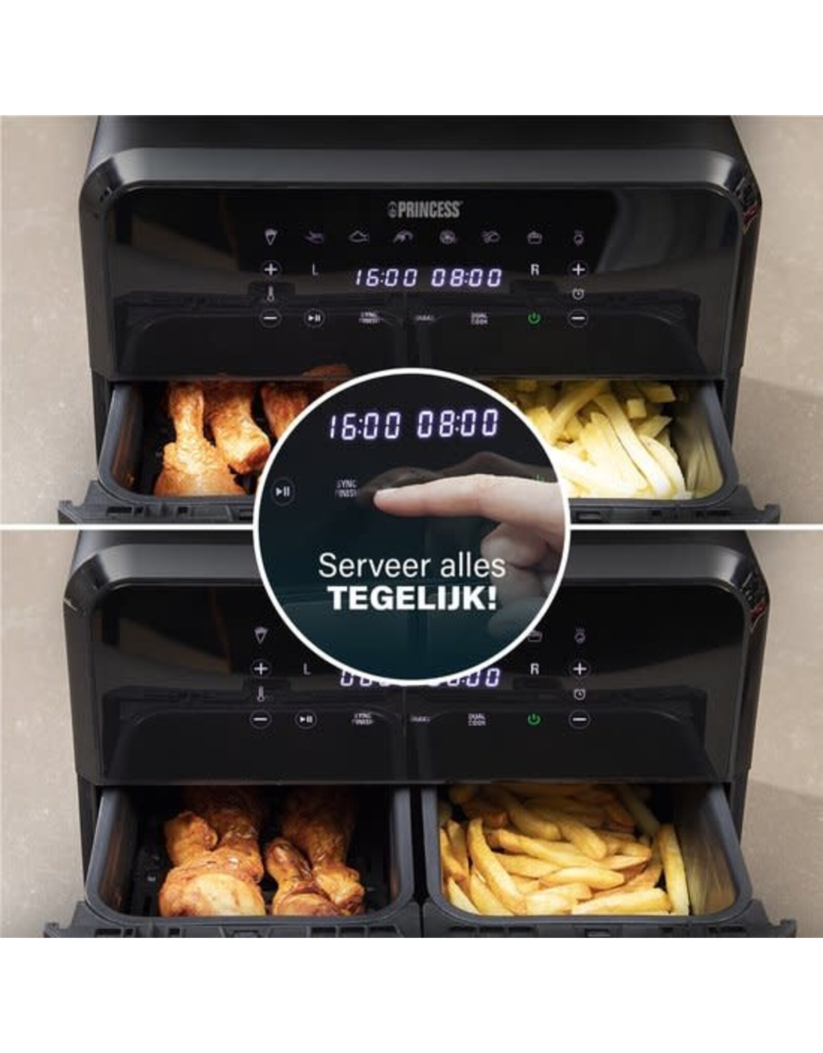 PRINCESS Princess Double Basket Airfryer 182074 - Dubbele Airfryer - 9 liter - 2 manden - XL - 8 programma's- 2400W - Dubbele heteluchtfriteuse - PFAS vrij - Touchscreen - RVS/Zwart - Sync functie