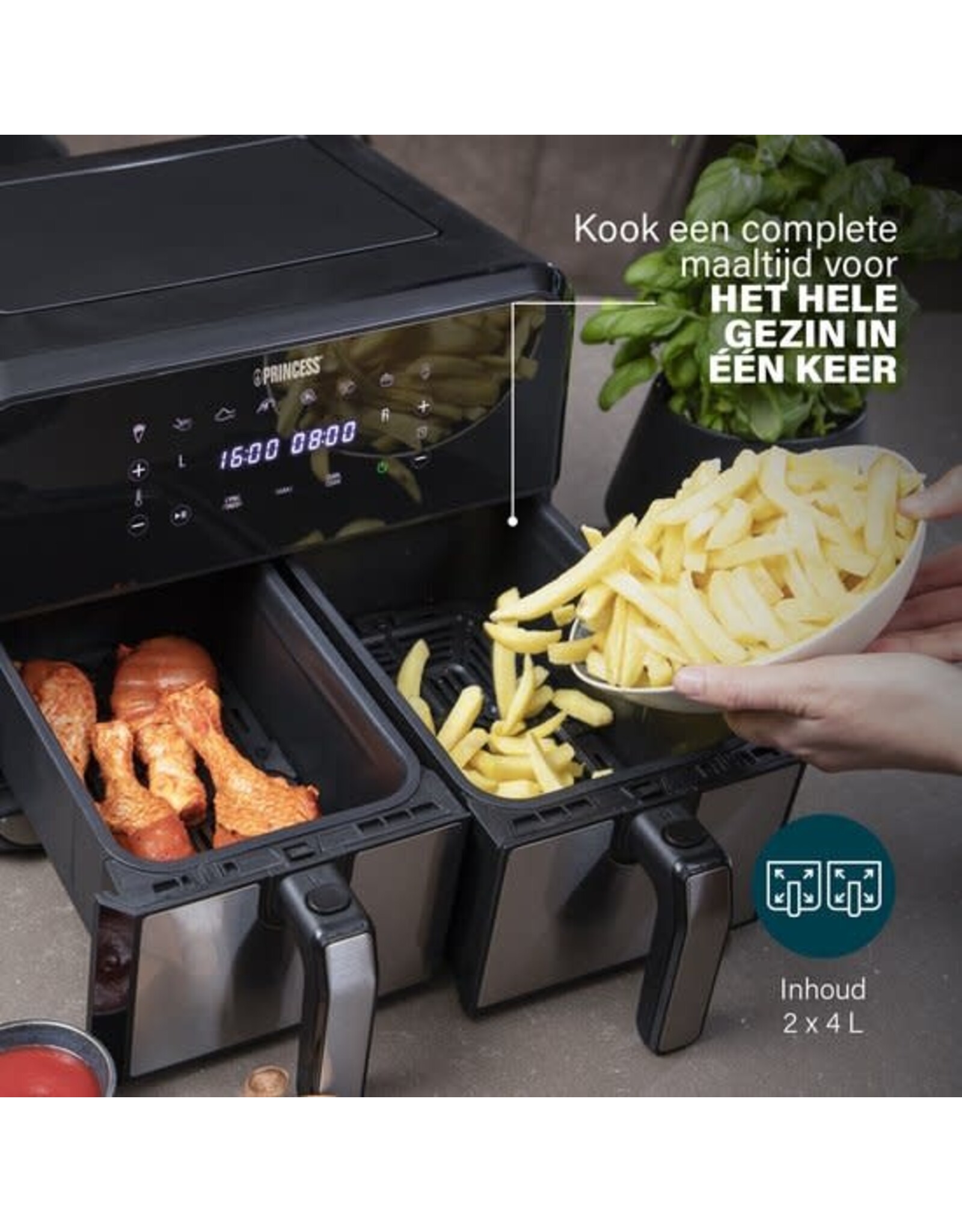 PRINCESS Princess Double Basket Airfryer 182074 - Dubbele Airfryer - 9 liter - 2 manden - XL - 8 programma's- 2400W - Dubbele heteluchtfriteuse - PFAS vrij - Touchscreen - RVS/Zwart - Sync functie