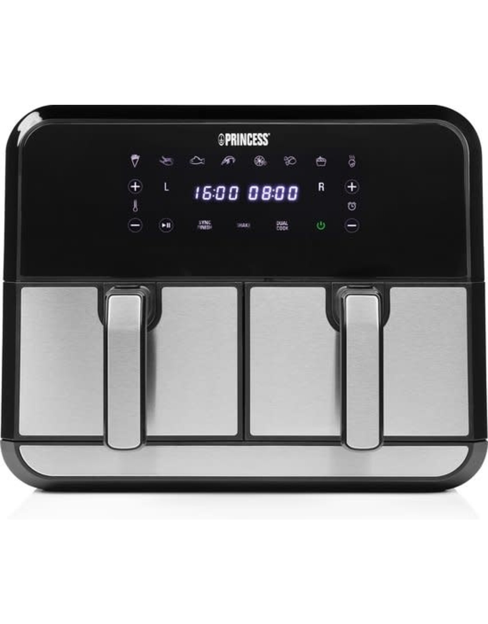 PRINCESS Princess Double Basket Airfryer 182074 - Dubbele Airfryer - 9 liter - 2 manden - XL - 8 programma's- 2400W - Dubbele heteluchtfriteuse - PFAS vrij - Touchscreen - RVS/Zwart - Sync functie