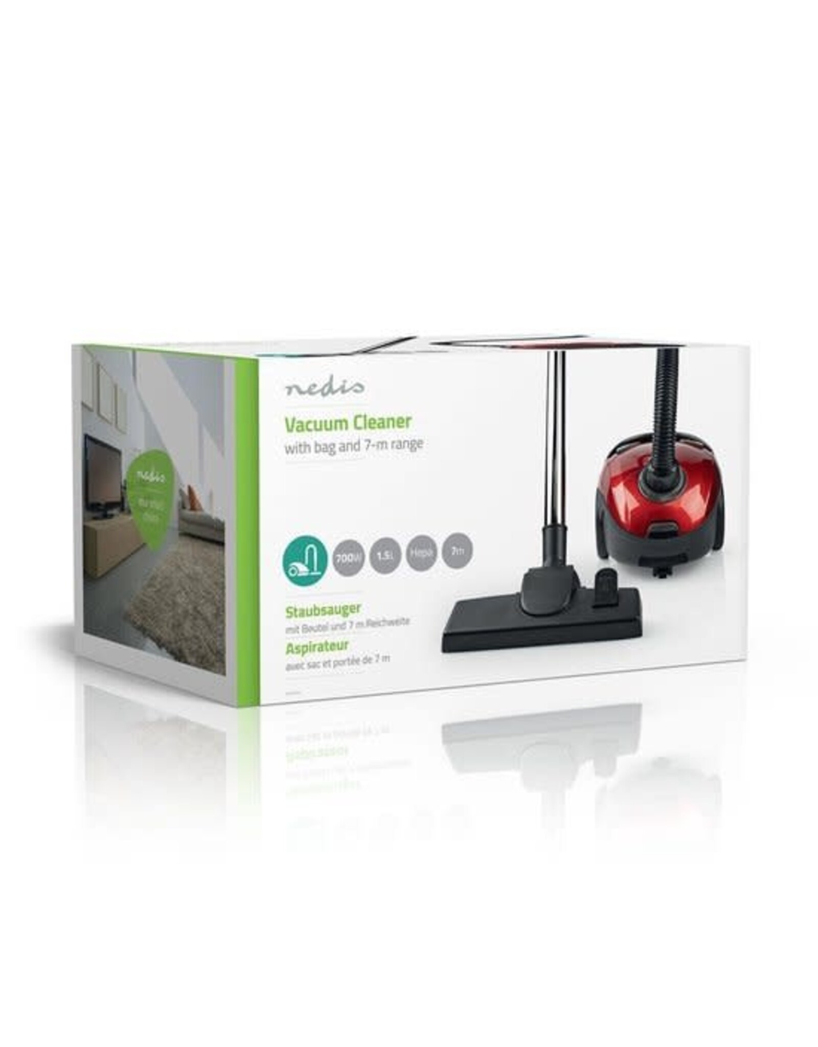 Nedis Nedis Stofzuiger - Met Zak - 700 W - Stof capaciteit: 1.5 l - Combi-Borstel - Actieradius: 7 m - Hepa - Antraciet / Rood