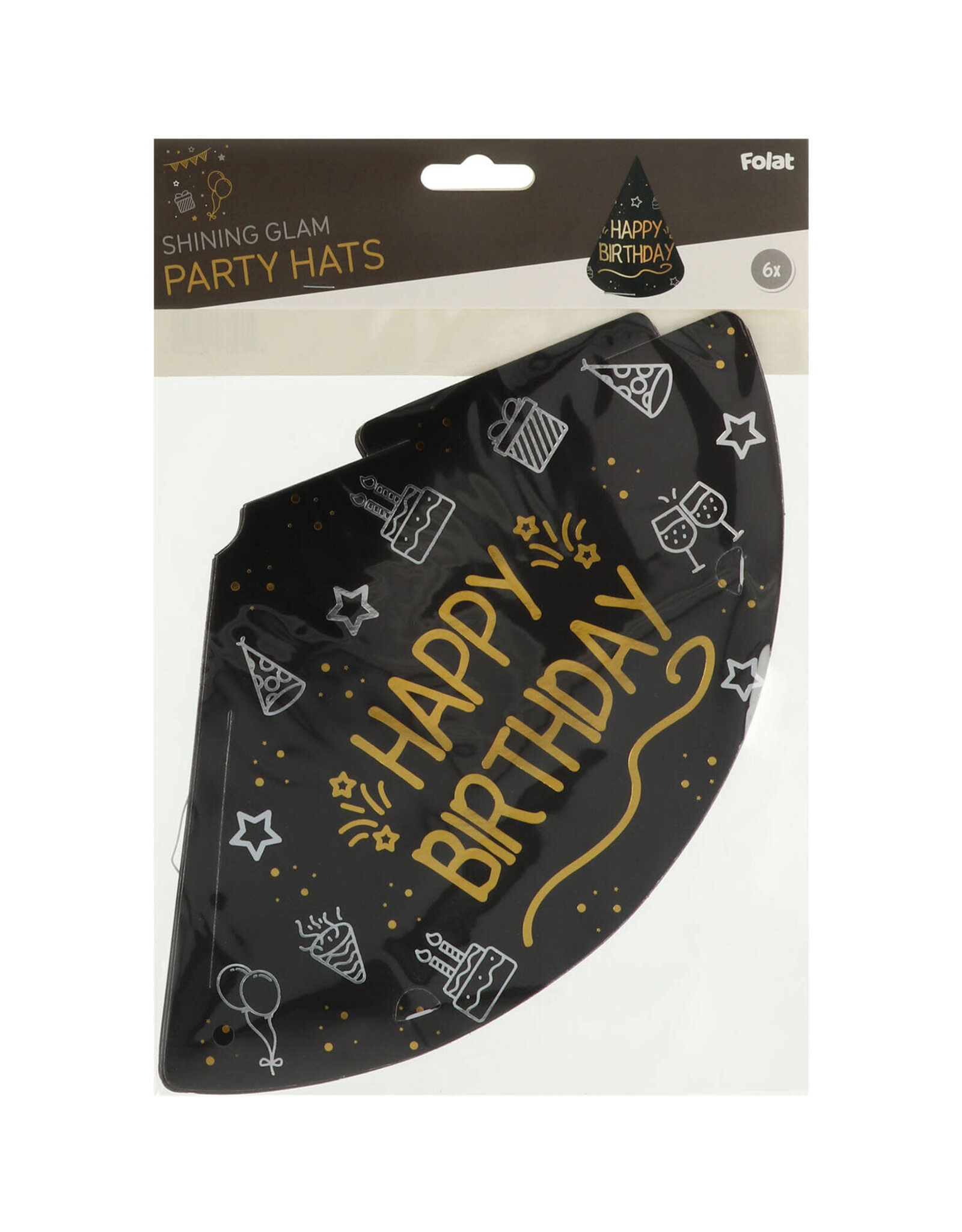 FOLAT Feesthoedjes - "Happy Birthday" - Shining Glam - 6 stuks