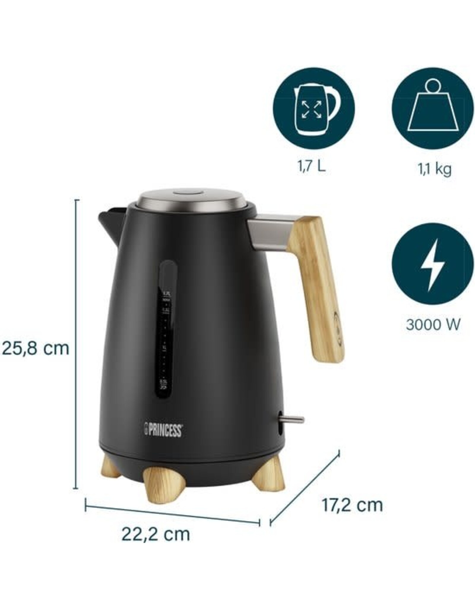 PRINCESS Princess Waterkoker Pure 236061 - 1.7 liter - 3000W - 360° draaibaar - Zwart - RVS
