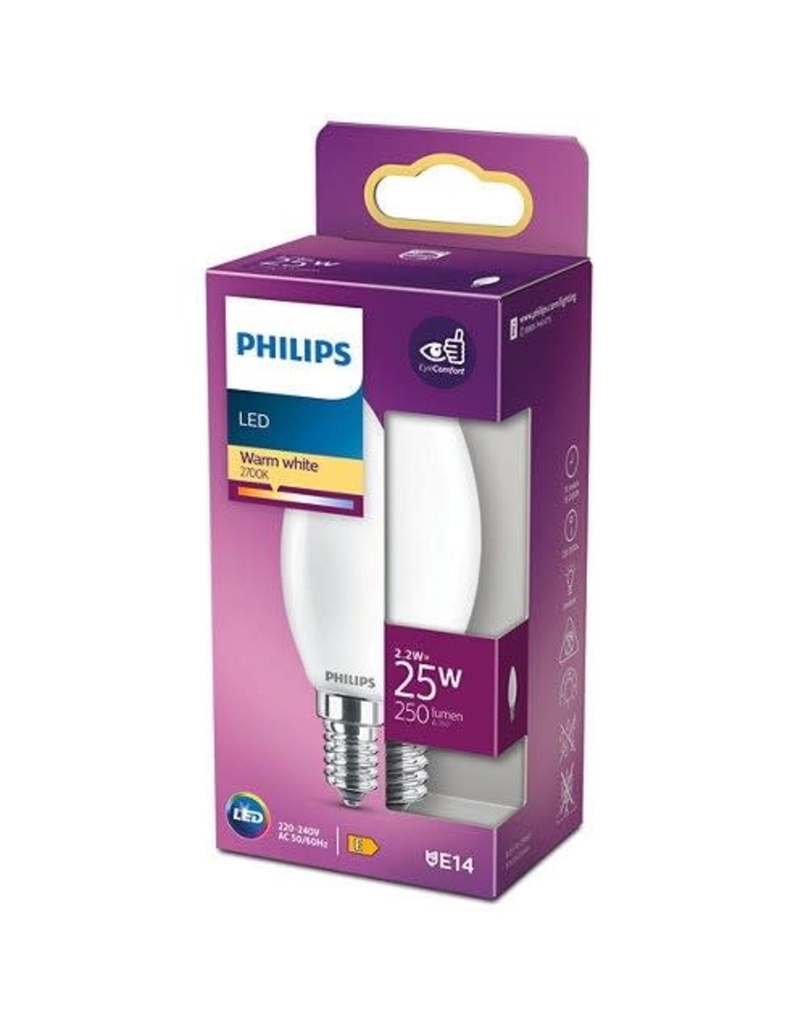PHILIPS 1x Philips LED Lamp Kaars mat (2,2W (25W), E14, warm wit)