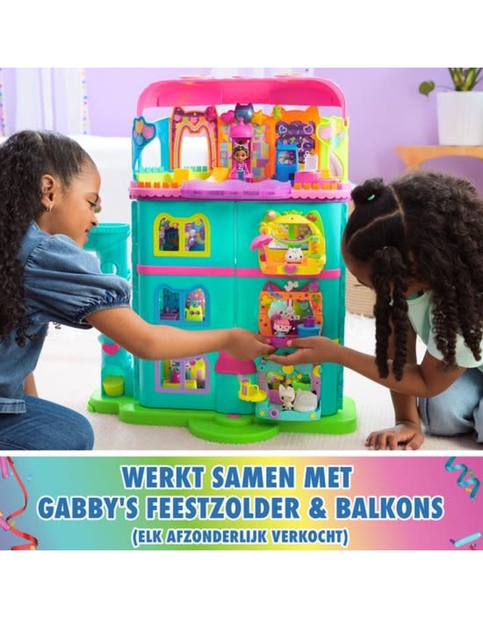 Gabby's Dollhouse Gabby's Poppenhuis - Feest Poppenhuis - +60cm hoog - vanaf 3 jaar - met speelfiguren poppenhuismeubels en 6 geluidseffecten