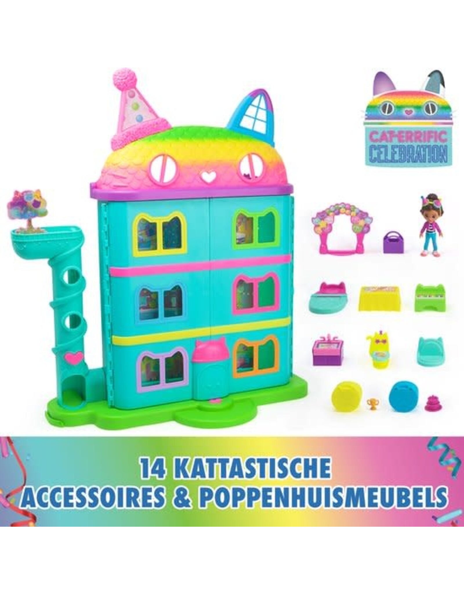 Gabby's Dollhouse Gabby's Poppenhuis - Feest Poppenhuis - +60cm hoog - vanaf 3 jaar - met speelfiguren poppenhuismeubels en 6 geluidseffecten
