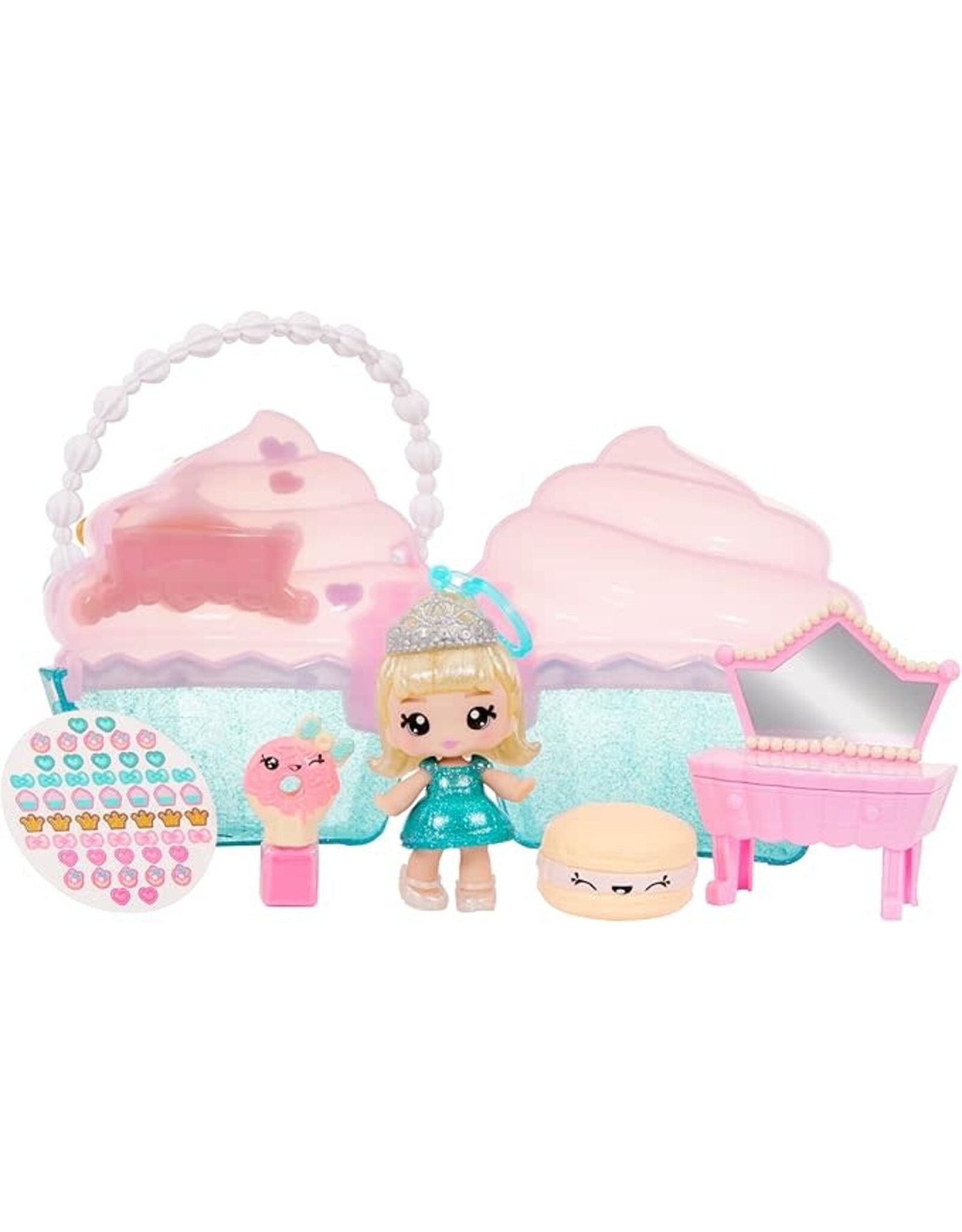 YUMMILAND Yummiland Beauty Bag Playset + Lip Gloss Doll – Cupcake Bag – met exclusieve Callie Birthday Cake, nagellak + nagelstickers, pailletten voor het lichaam, poppenspel, cosmetisch spel, vanaf 4 jaar