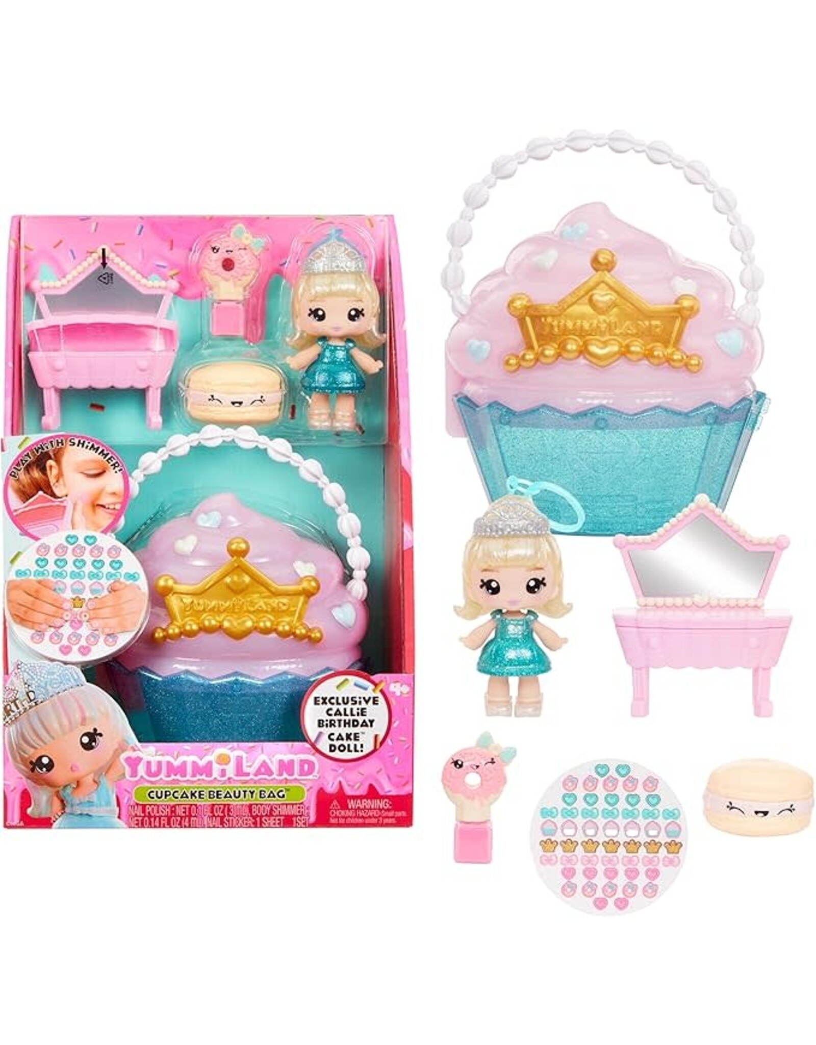 YUMMILAND Yummiland Beauty Bag Playset + Lip Gloss Doll – Cupcake Bag – met exclusieve Callie Birthday Cake, nagellak + nagelstickers, pailletten voor het lichaam, poppenspel, cosmetisch spel, vanaf 4 jaar