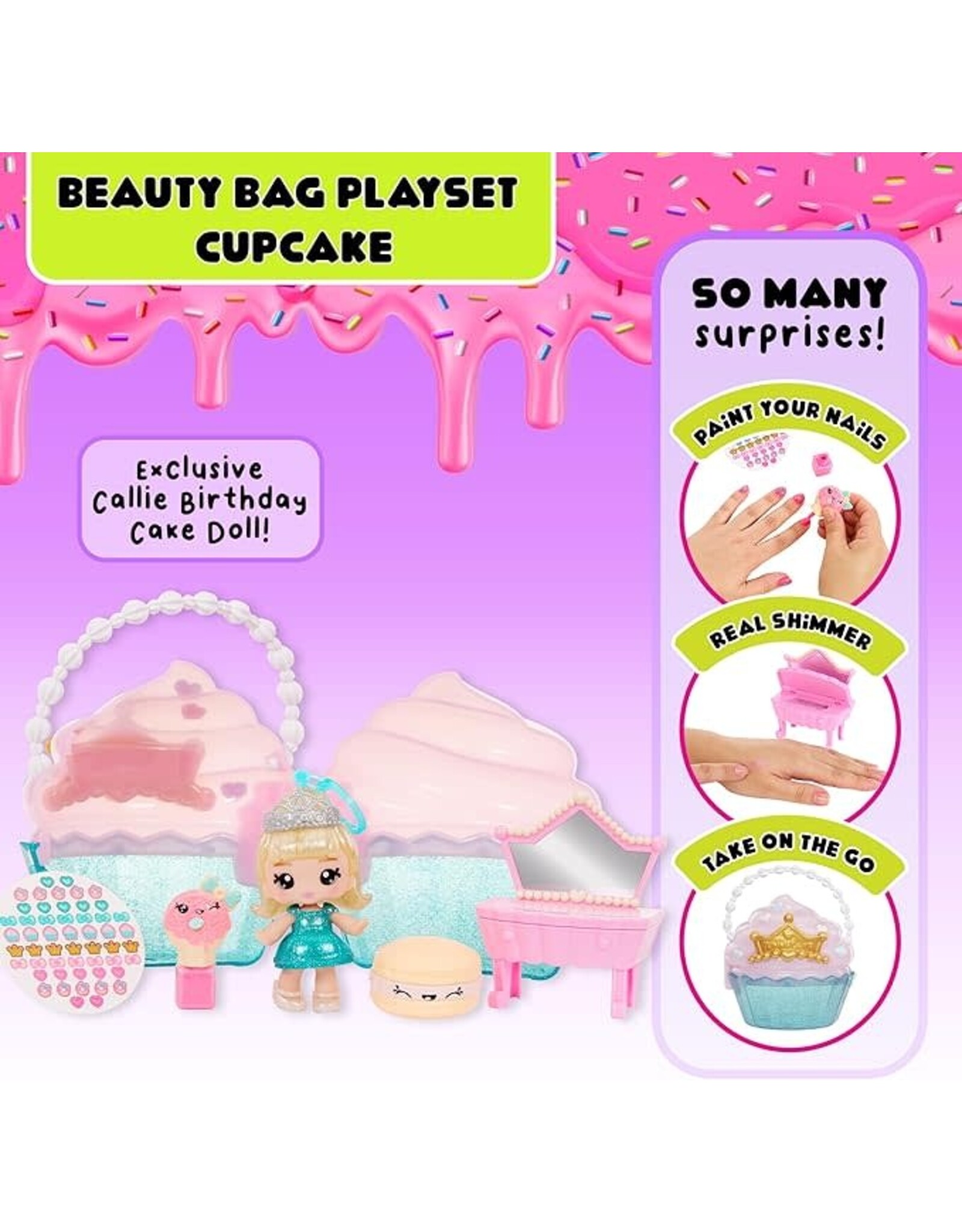 YUMMILAND Yummiland Beauty Bag Playset + Lip Gloss Doll – Cupcake Bag – met exclusieve Callie Birthday Cake, nagellak + nagelstickers, pailletten voor het lichaam, poppenspel, cosmetisch spel, vanaf 4 jaar