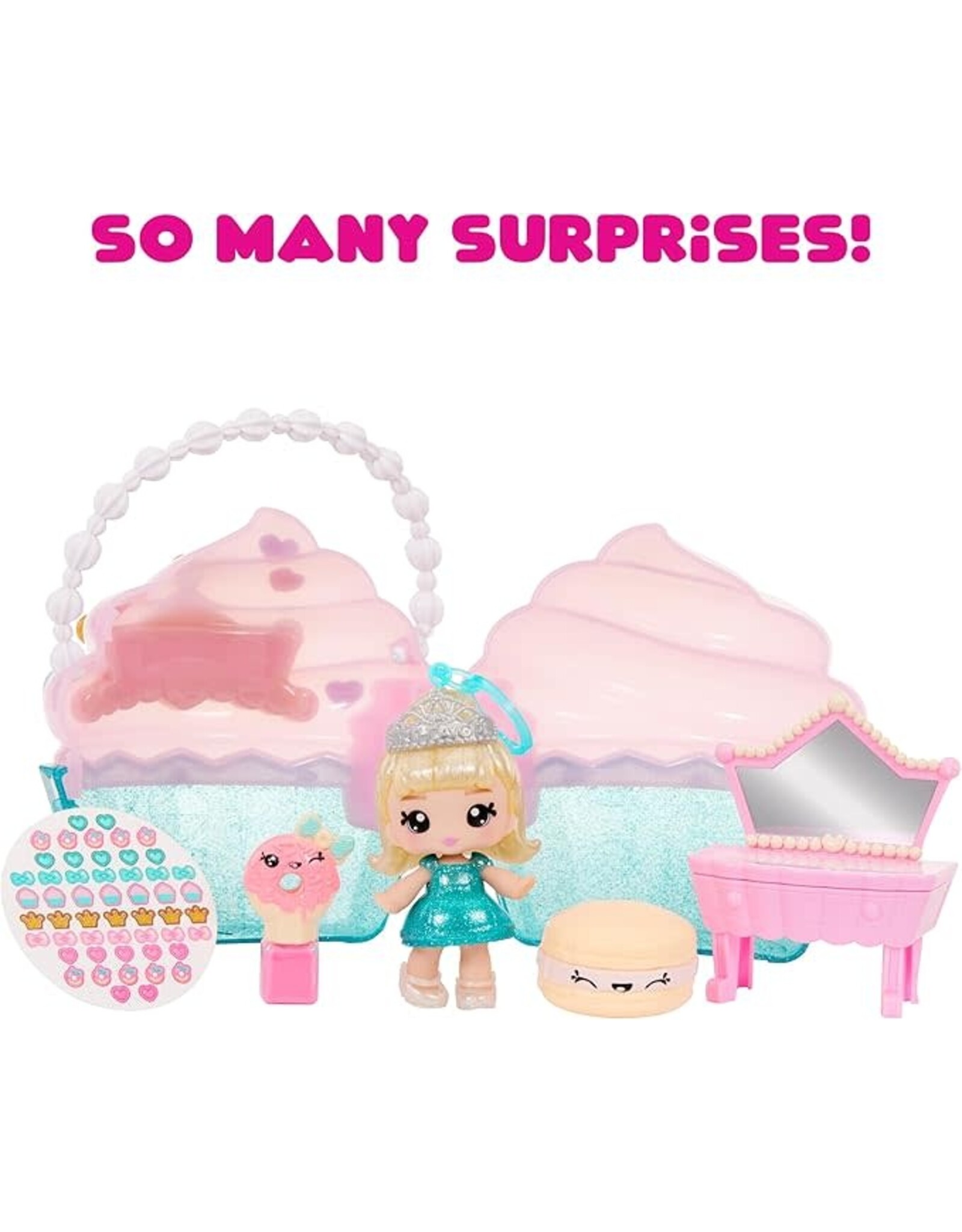 YUMMILAND Yummiland Beauty Bag Playset + Lip Gloss Doll – Cupcake Bag – met exclusieve Callie Birthday Cake, nagellak + nagelstickers, pailletten voor het lichaam, poppenspel, cosmetisch spel, vanaf 4 jaar
