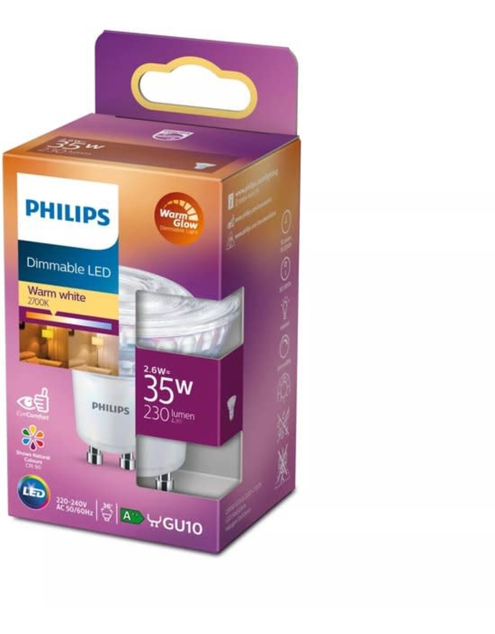 PHILIPS Philips LED lamp GU10 Reflector Spot Lichtbron - Warm wit - 2,6W = 35W - Ø 5 cm - Dimbaar - 1 stuk