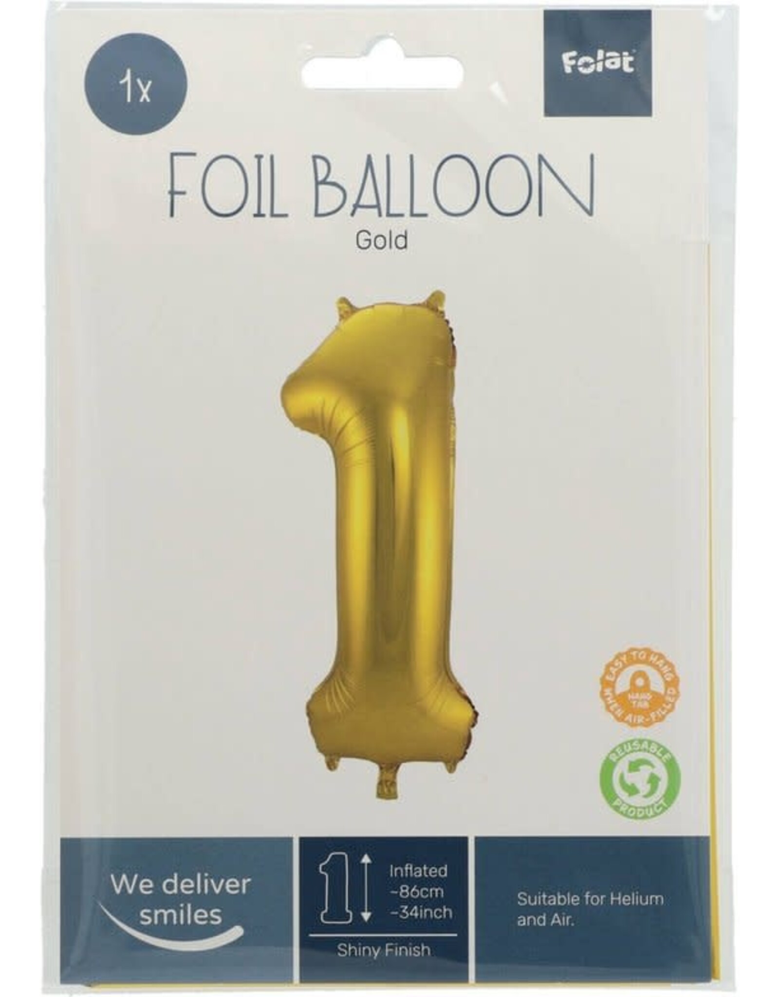 FOLAT Folie Ballon Cijfer 1 Goud Metallic XL 86cm leeg