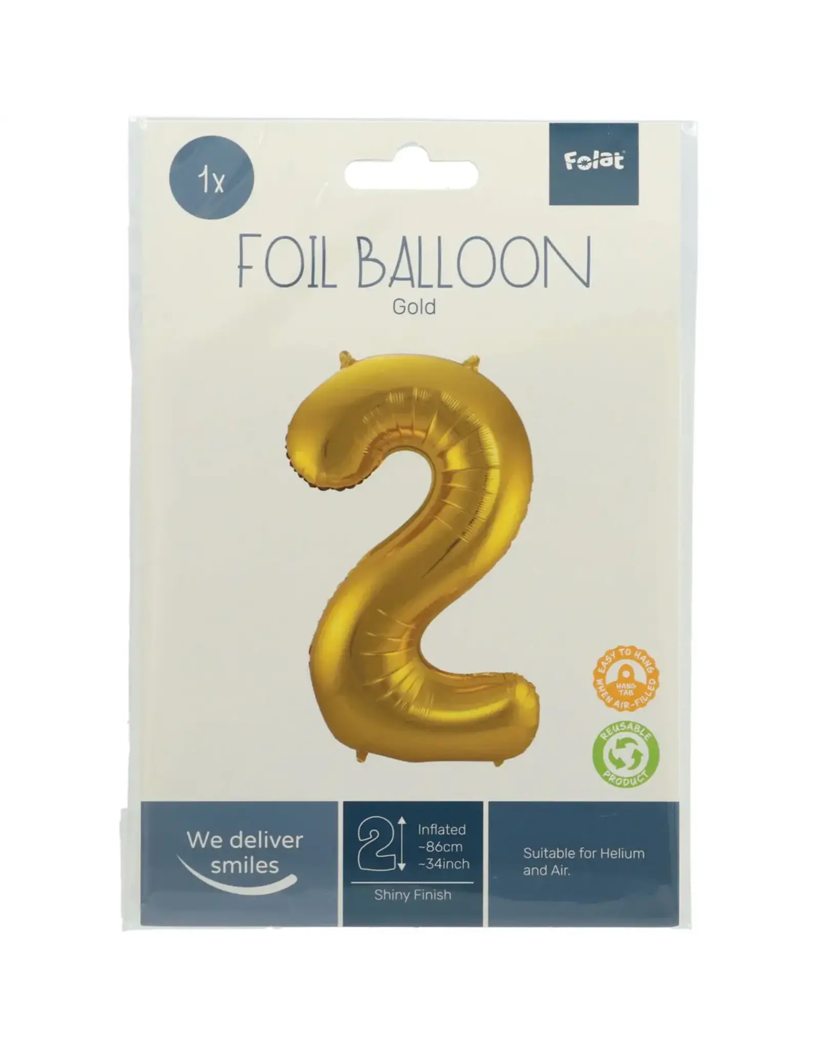 FOLAT Folie Ballon Cijfer 2 Goud Metallic XL 86cm leeg
