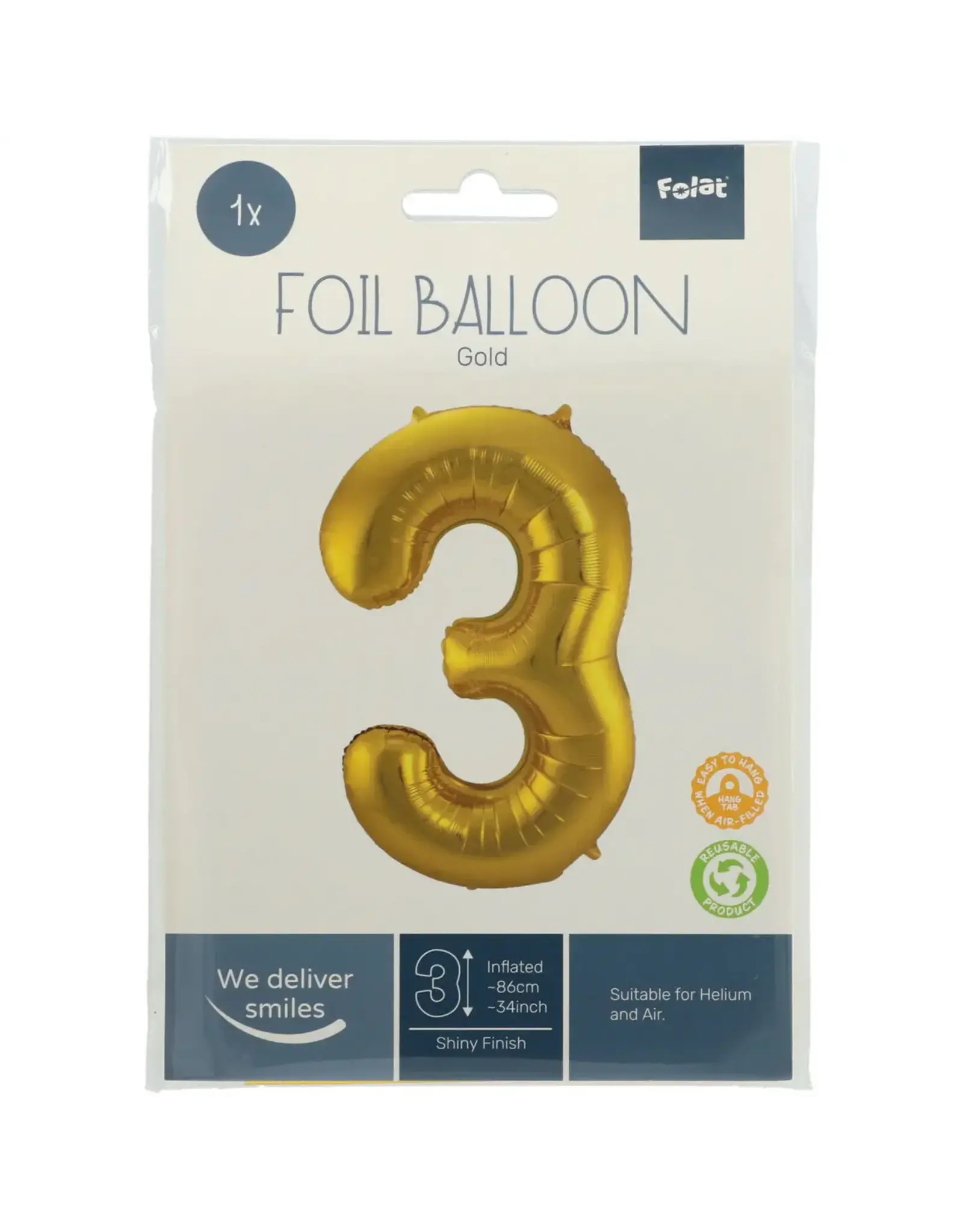 FOLAT Folie Ballon Cijfer 3 Goud Metallic XL 86cm leeg