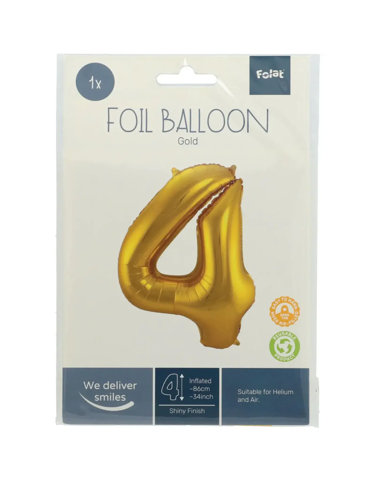 FOLAT Folie Ballon Cijfer 4 Goud Metallic XL 86cm leeg
