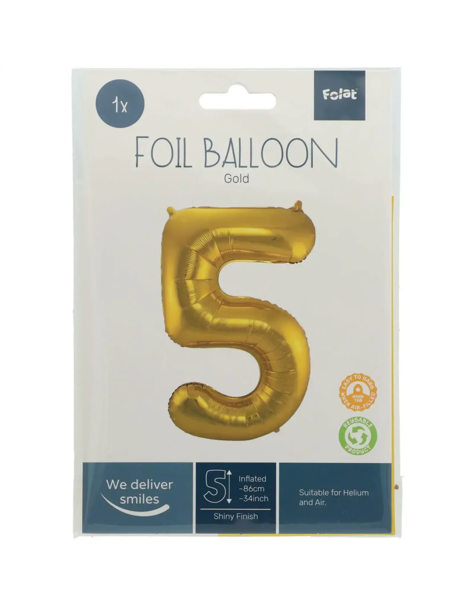 FOLAT Folie Ballon Cijfer 5 Goud Metallic XL 86cm leeg