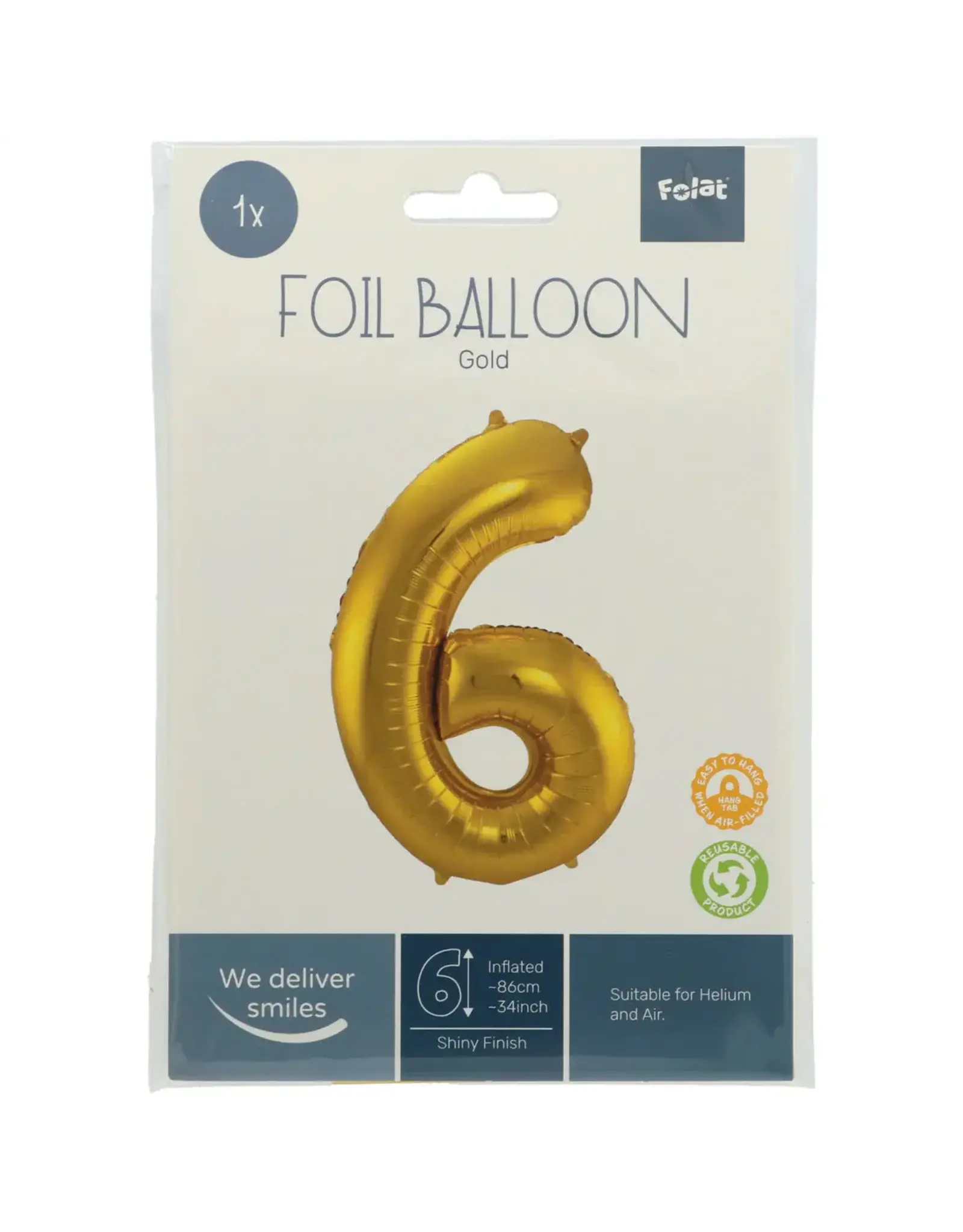 FOLAT Folie Ballon Cijfer 6 Goud Metallic XL 86cm leeg