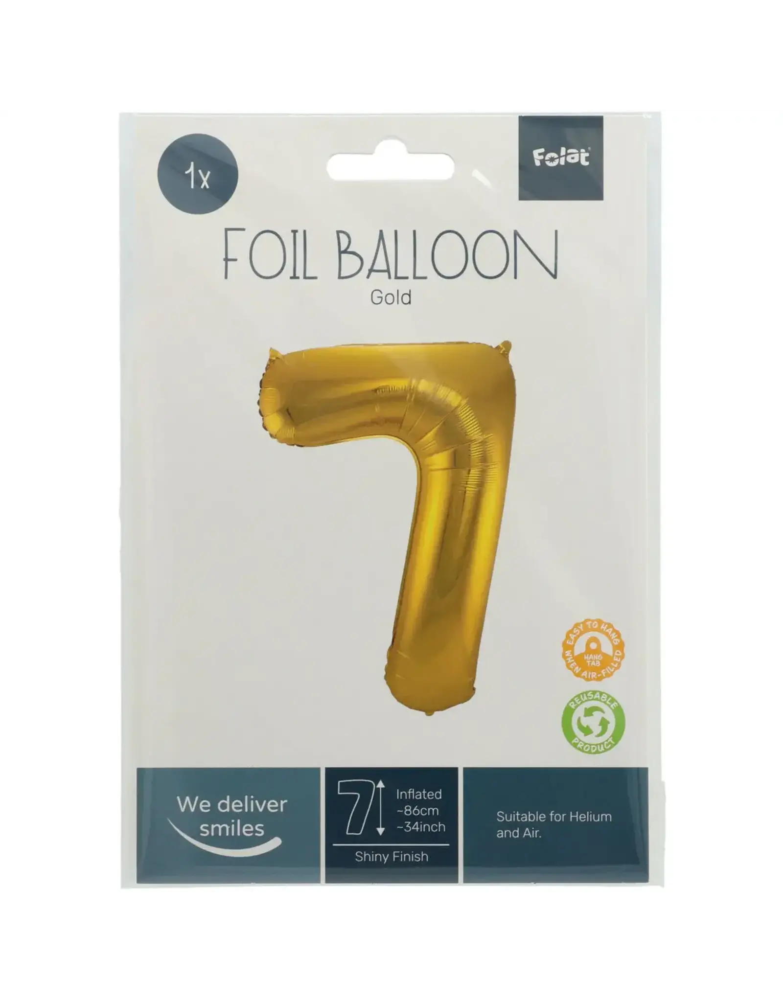FOLAT Folie Ballon Cijfer 7 Goud Metallic XL 86cm leeg
