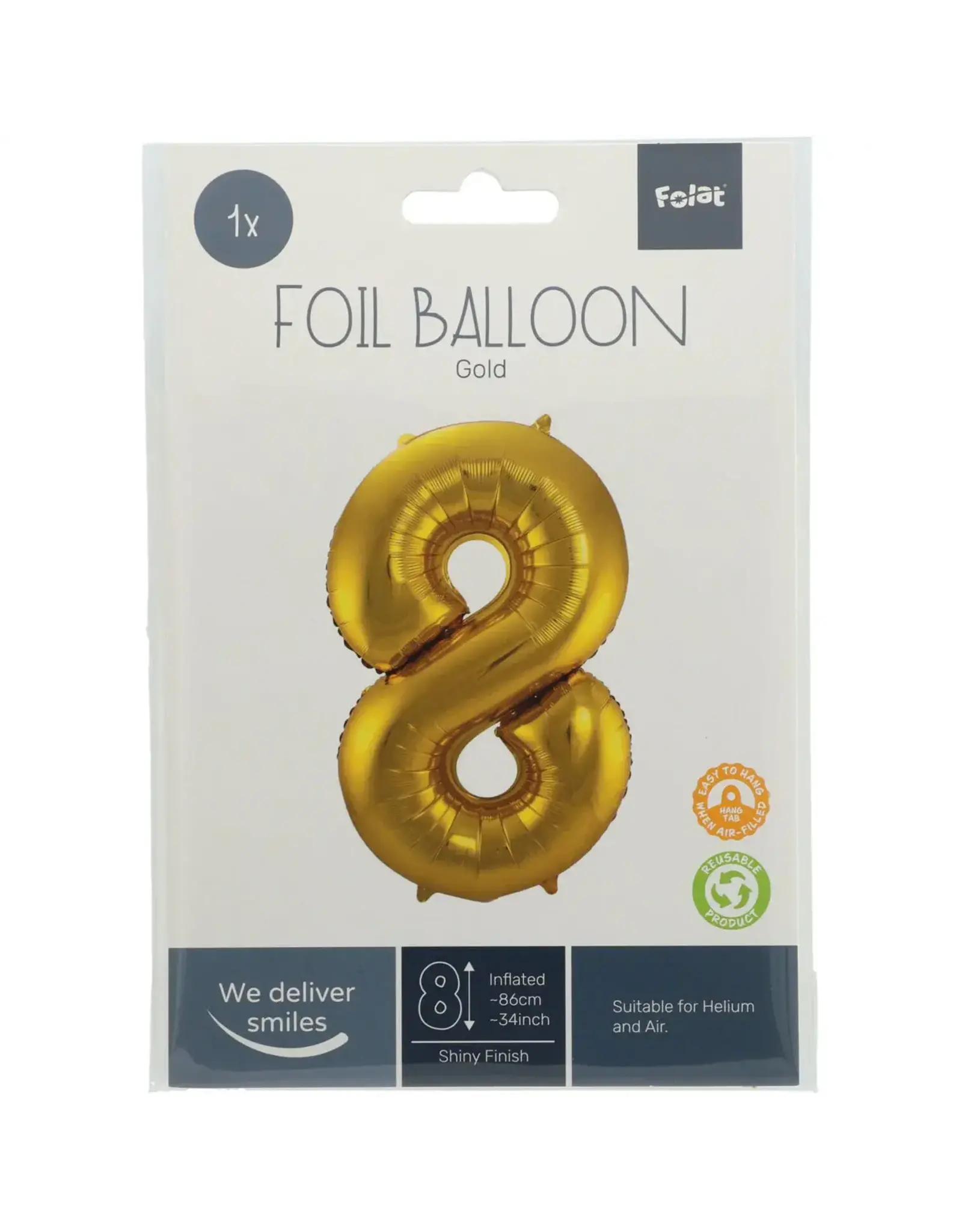 FOLAT Folie Ballon Cijfer 8 Goud Metallic XL 86cm leeg