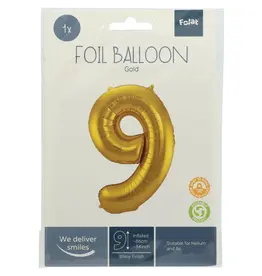 FOLAT Folie Ballon Cijfer 9 Goud Metallic XL 86cm leeg