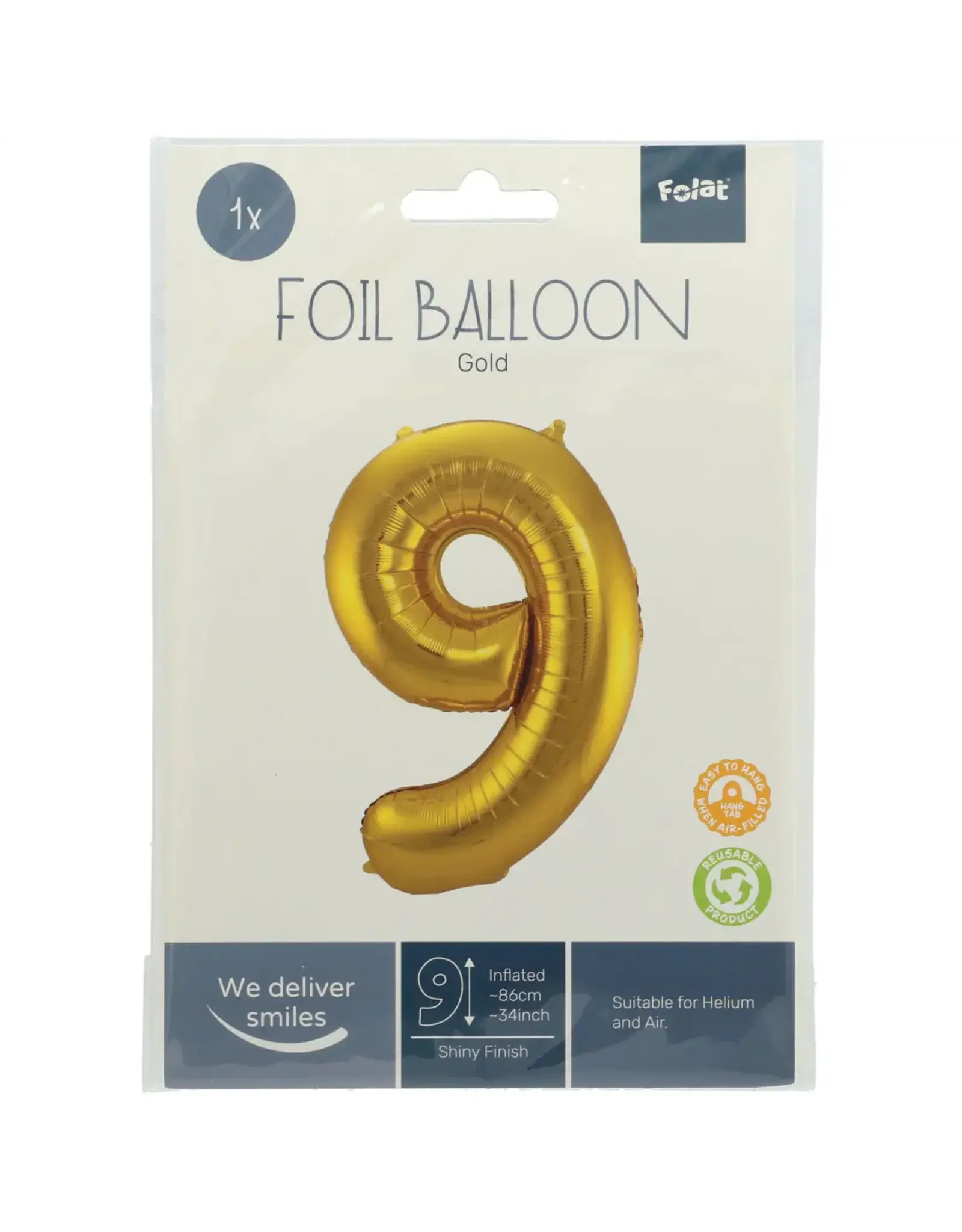 FOLAT Folie Ballon Cijfer 9 Goud Metallic XL 86cm leeg