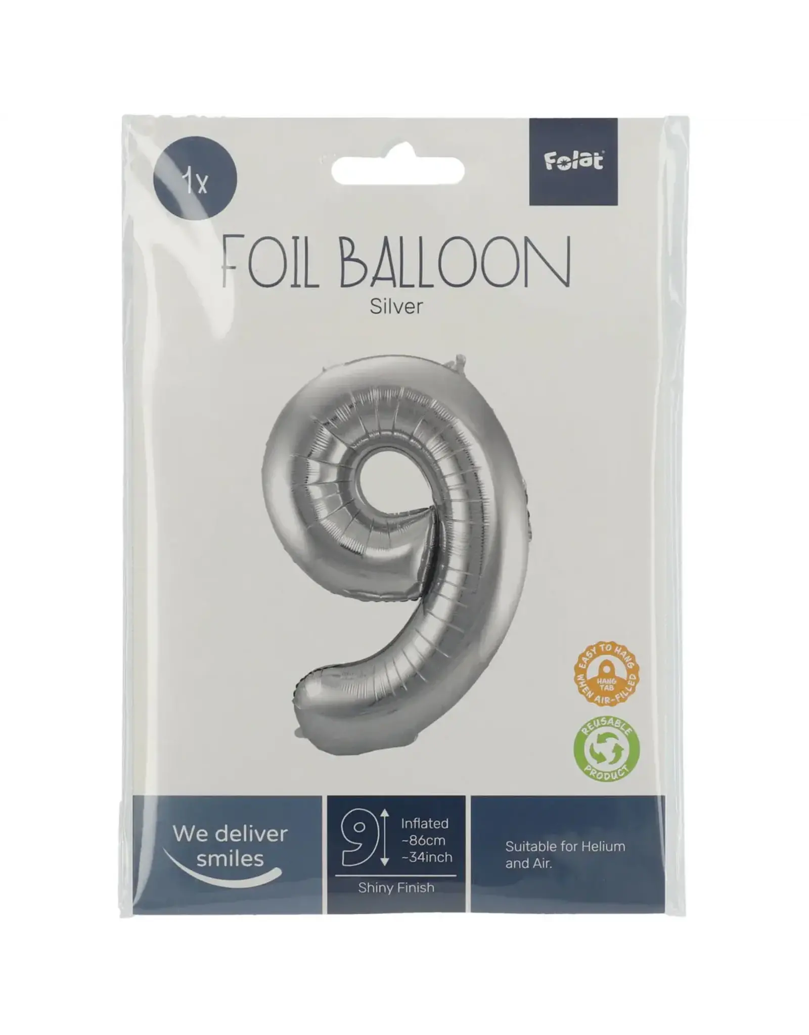 FOLAT Folie Ballon Cijfer 9 Zilver Metallic XL 86cm leeg