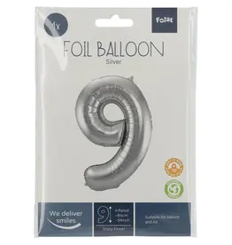 FOLAT Folie Ballon Cijfer 9 Zilver Metallic XL 86cm leeg