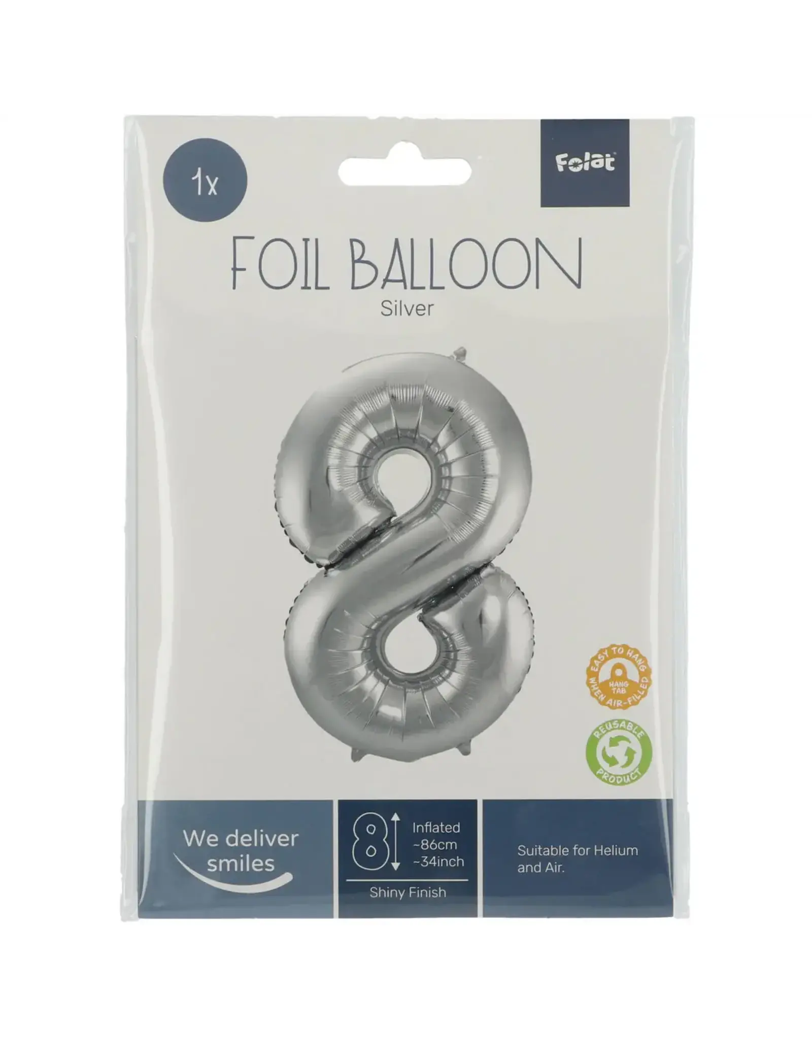 FOLAT Folie Ballon Cijfer 8 Zilver Metallic XL 86cm leeg