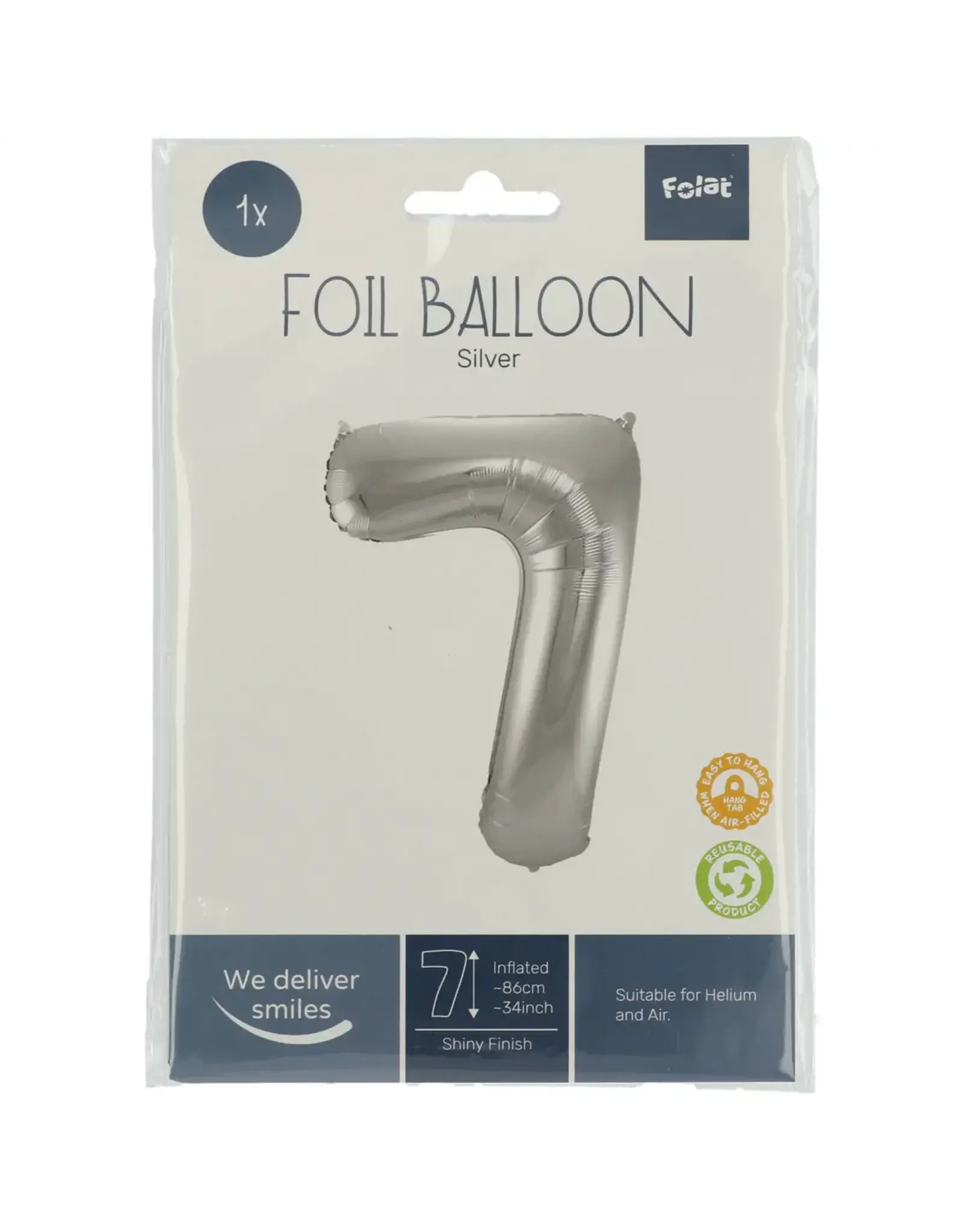 FOLAT Folie Ballon Cijfer 7 Zilver Metallic XL 86cm leeg