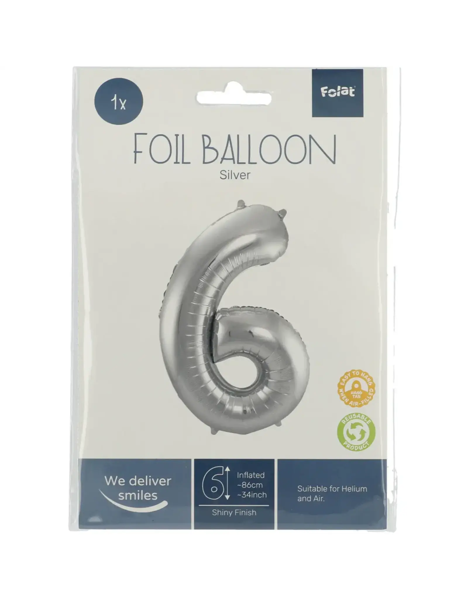 FOLAT Folie Ballon Cijfer 6 Zilver Metallic XL 86cm leeg