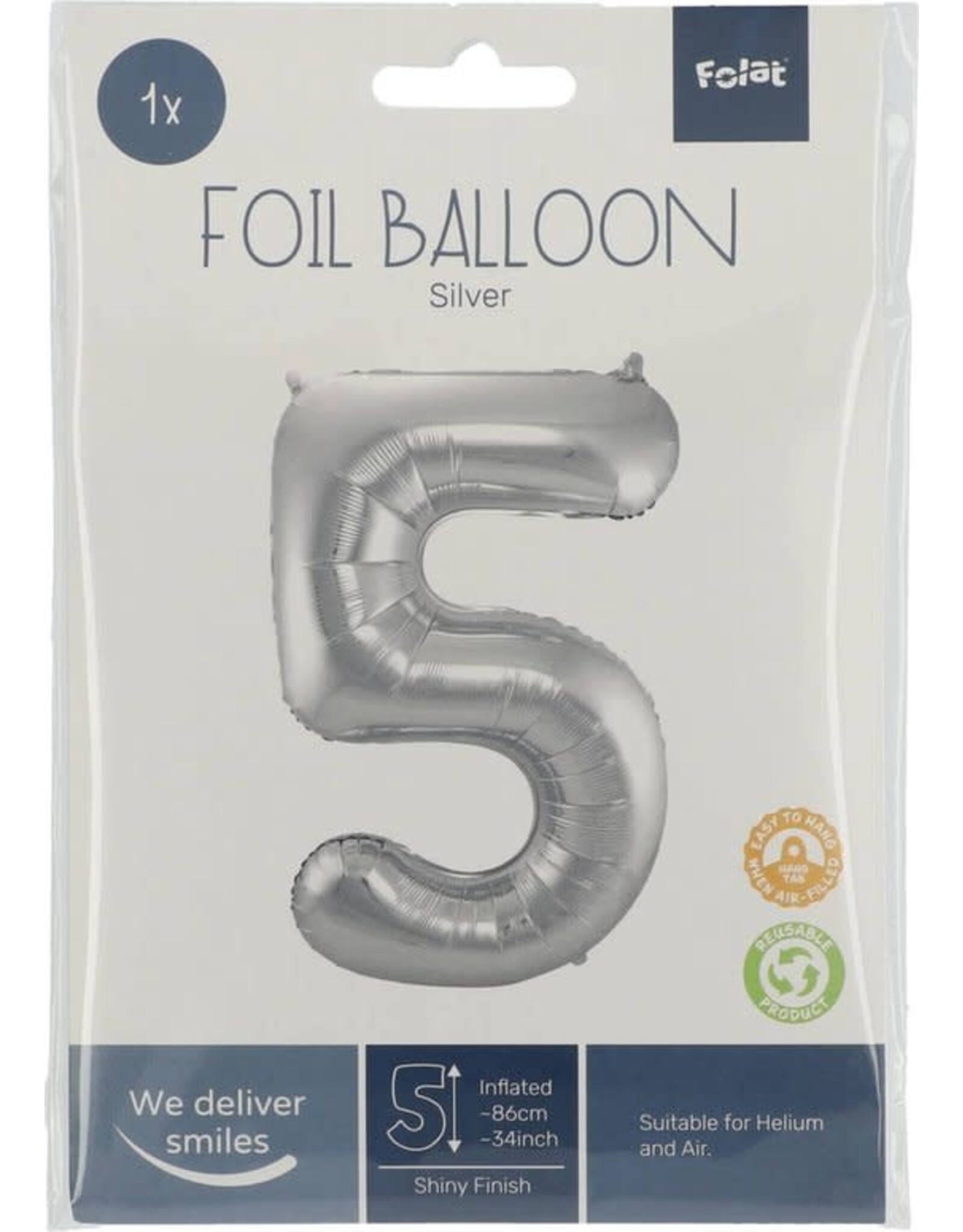 FOLAT Folat Original - Folieballon Cijfer 5 Zilver - 86 cm