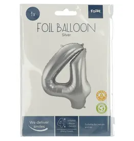 FOLAT Folie Ballon Cijfer 4 Zilver Metallic XL 86cm leeg