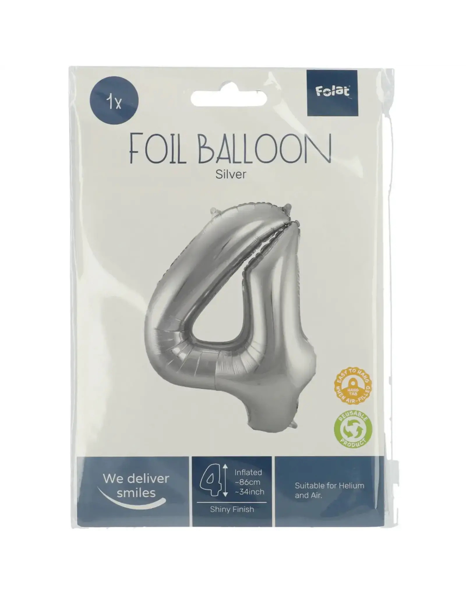 FOLAT Folie Ballon Cijfer 4 Zilver Metallic XL 86cm leeg