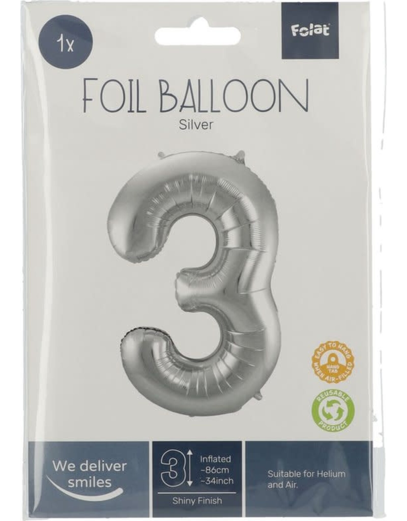 FOLAT Folat Original - Folieballon Cijfer 3 Zilver - 86 cm