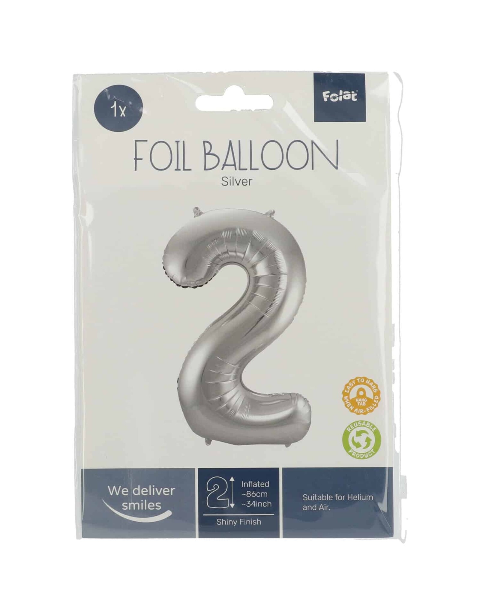 FOLAT Folat Folieballon - Cijfer - 2 - Zilver - 86cm - Zonder vulling