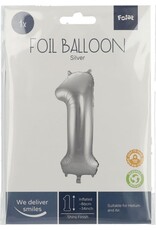 FOLAT Folie Ballon Cijfer 1 Zilver Metallic XL 86cm leeg