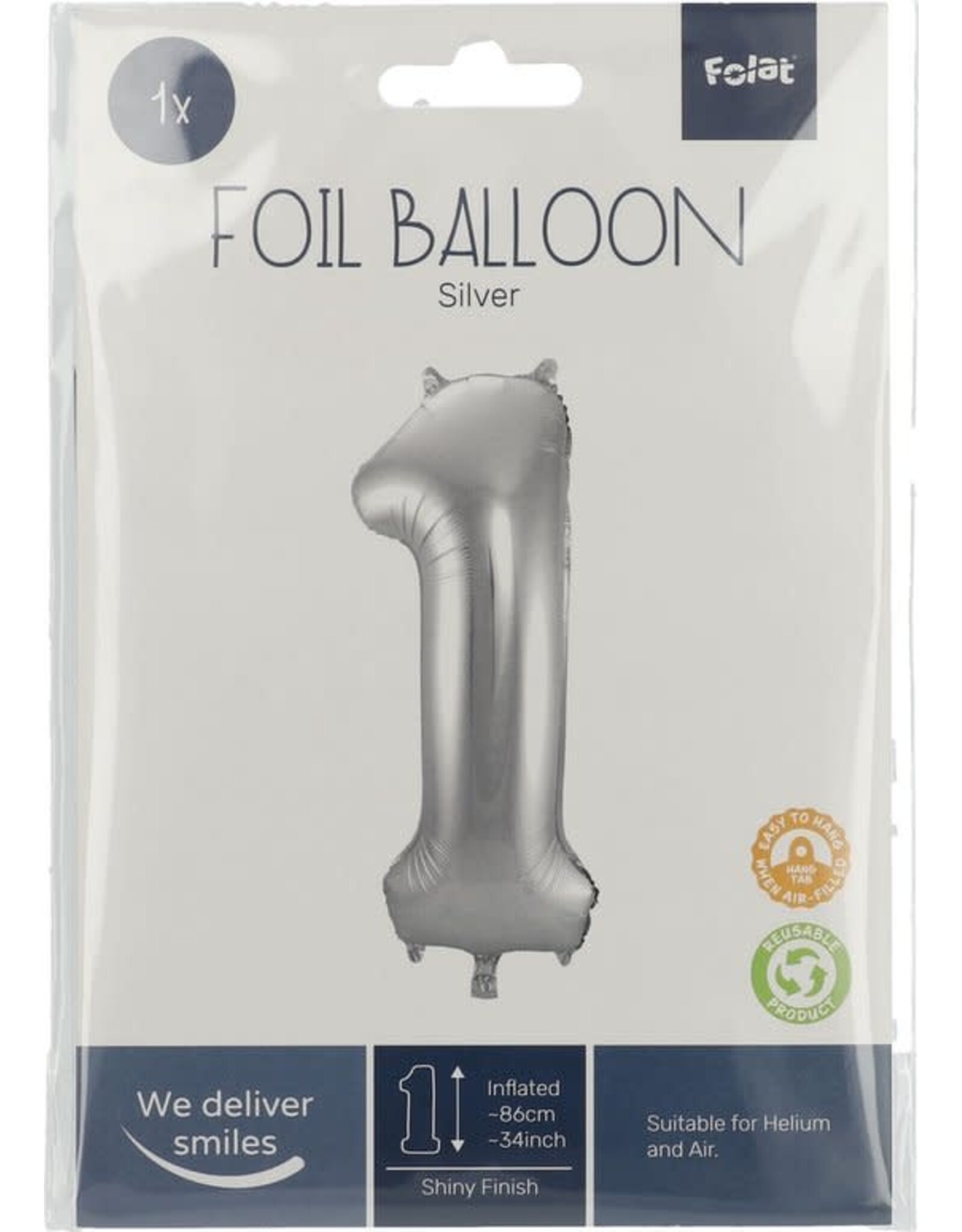 FOLAT Folie Ballon Cijfer 1 Zilver Metallic XL 86cm leeg