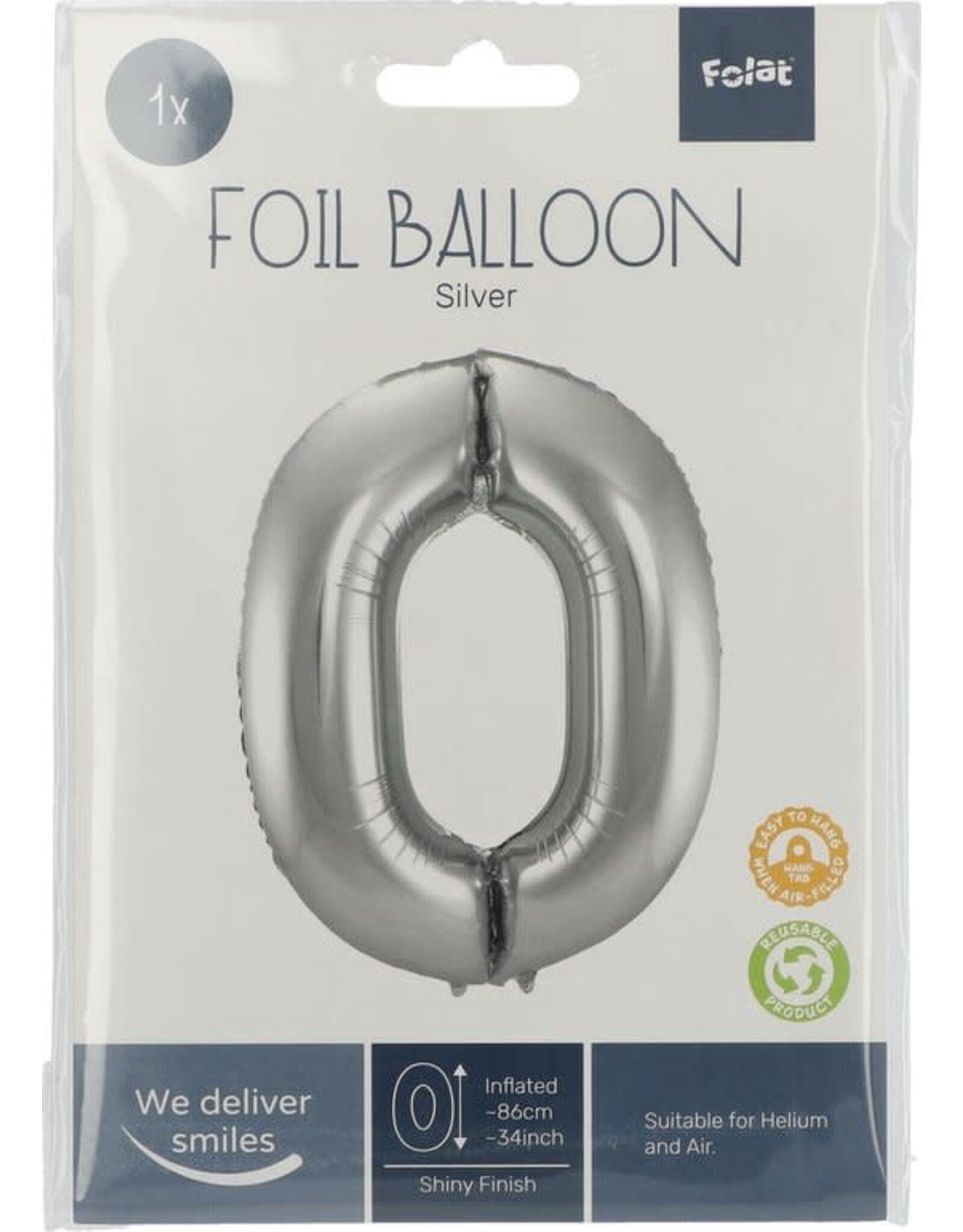 FOLAT Folat Original - Folieballon Cijfer 0 Zilver - 86 cm